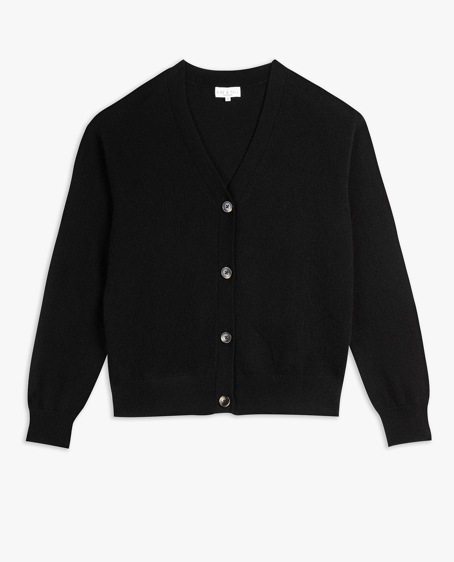 Image 2 of 3 showing Rise & Fall's black fine cashmere v-neck cardigan.