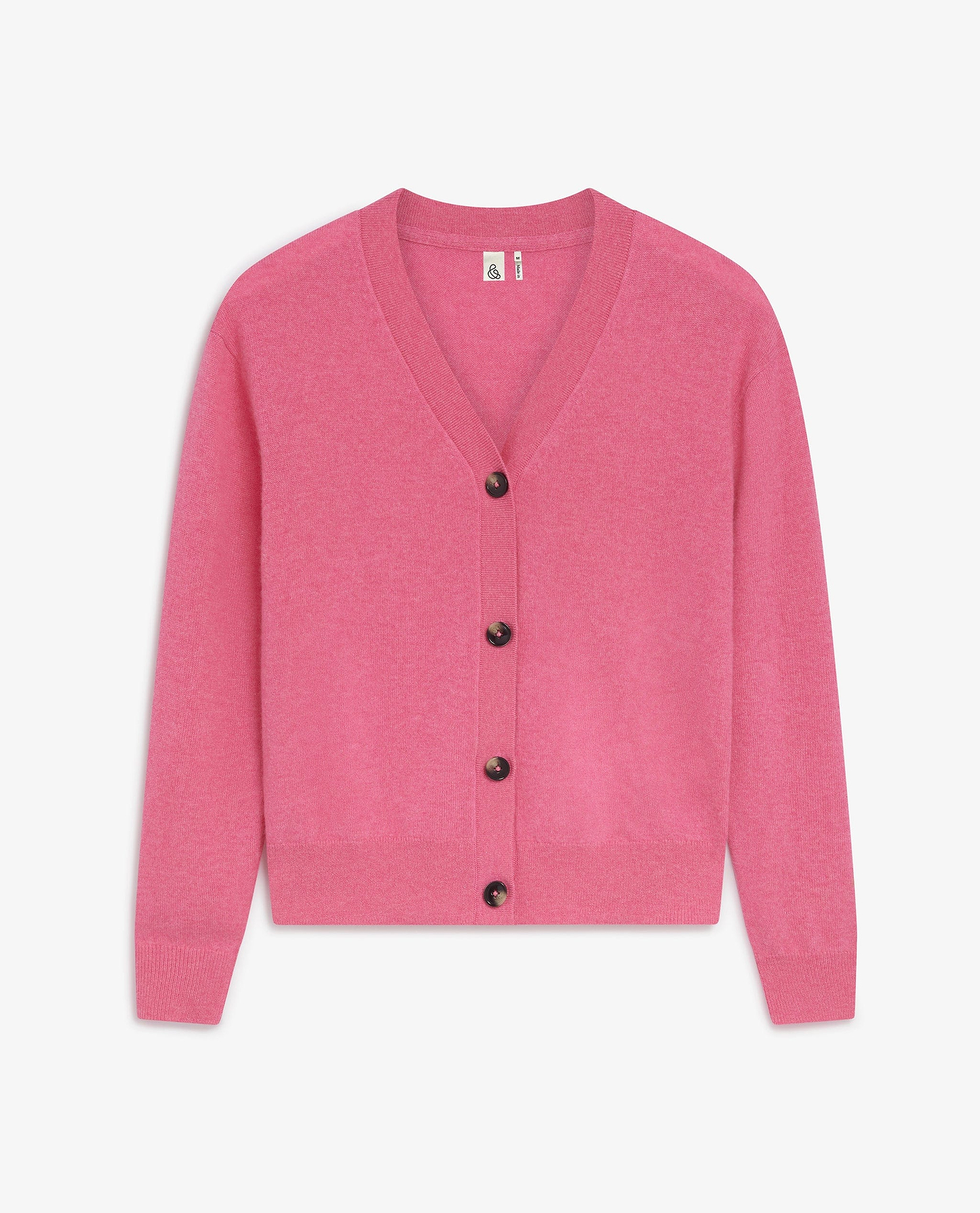 Image 2 of 3 showing Rise & Fall's pink fine cashmere v-neck cardigan.