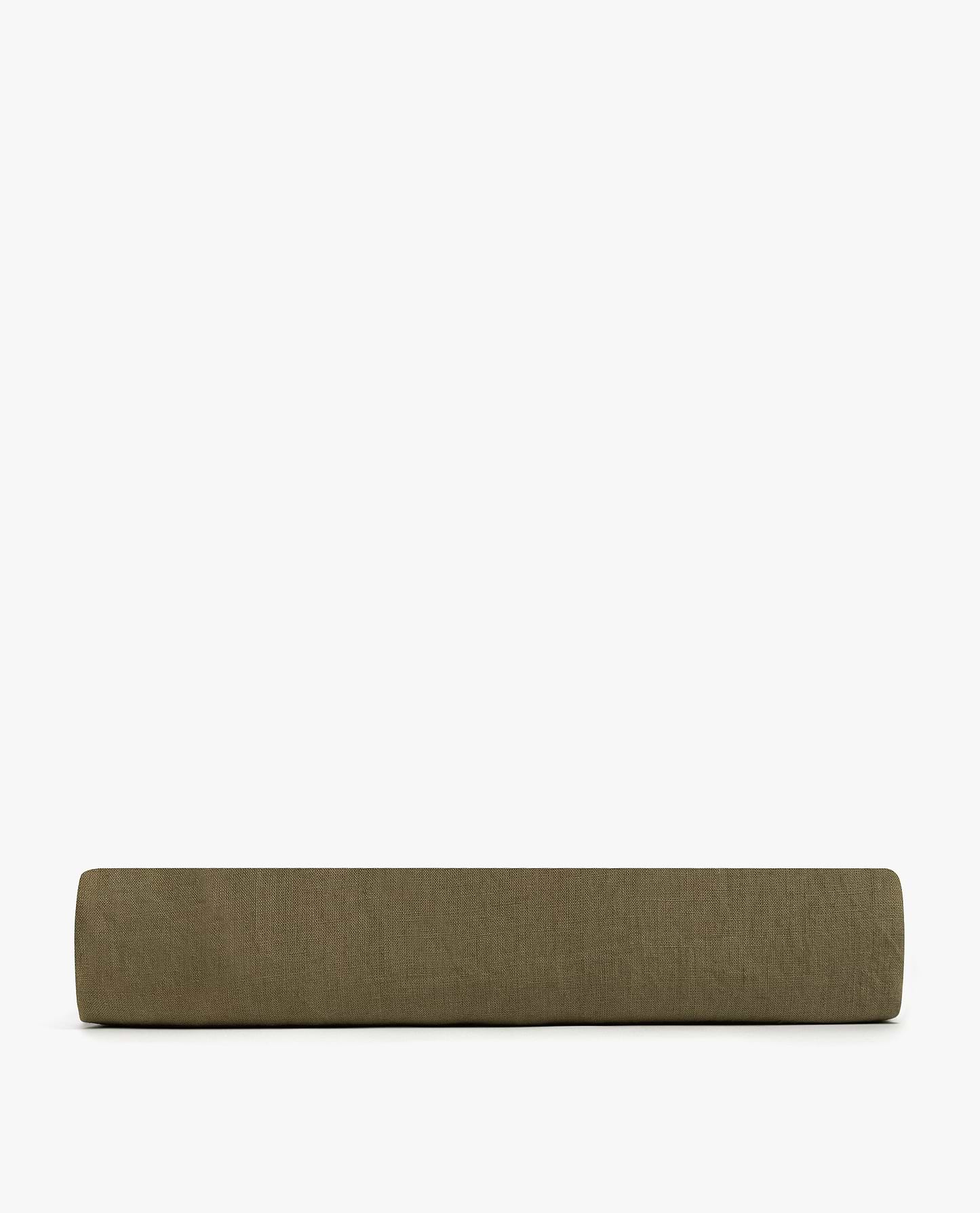 Image 2 of 3 showing Rise & Fall's Relaxed & Refined linen flat bed sheet in oilve.