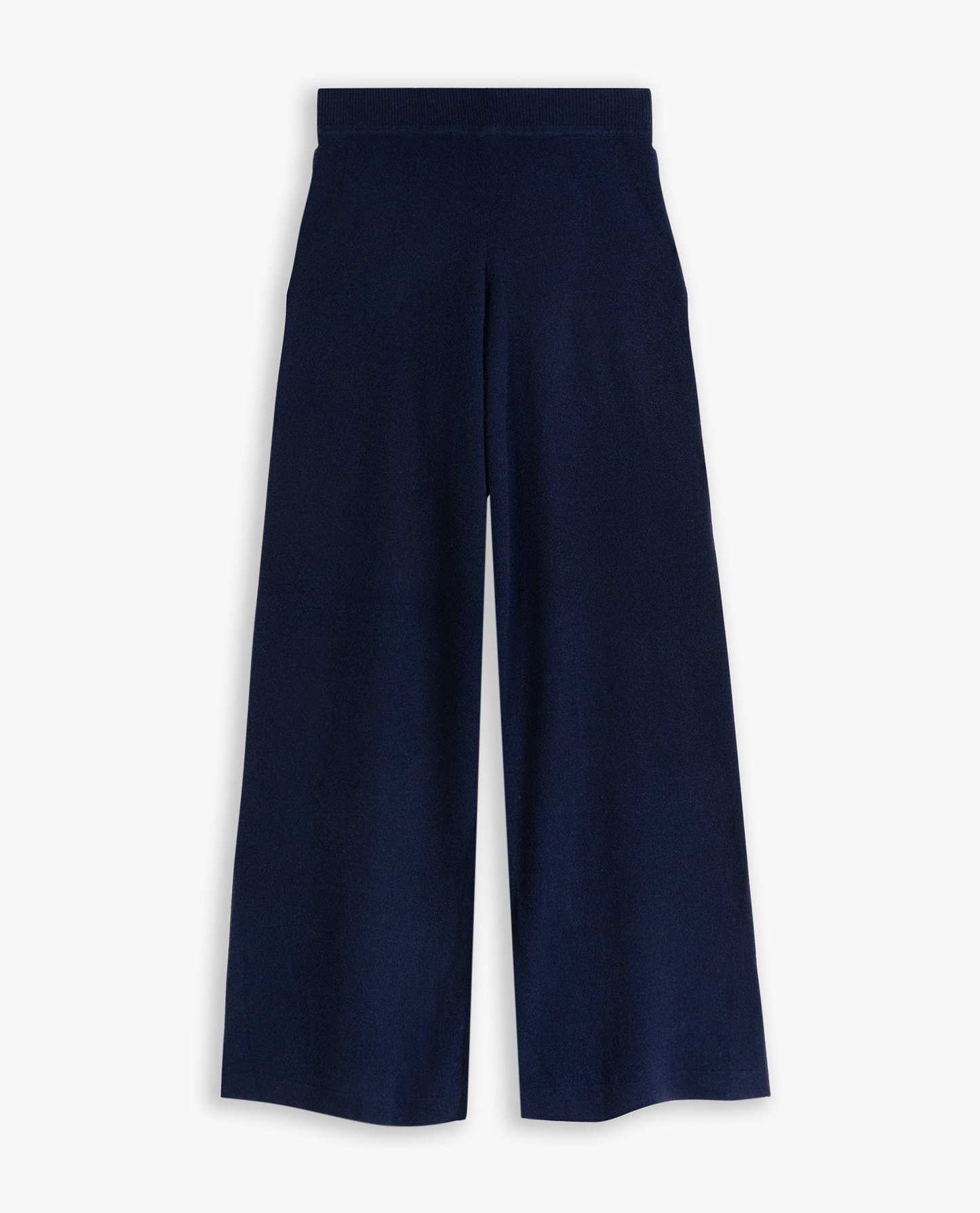 Image 2 of 3 showing Rise & Fall's navy fine cashmere wide-leg trousers.