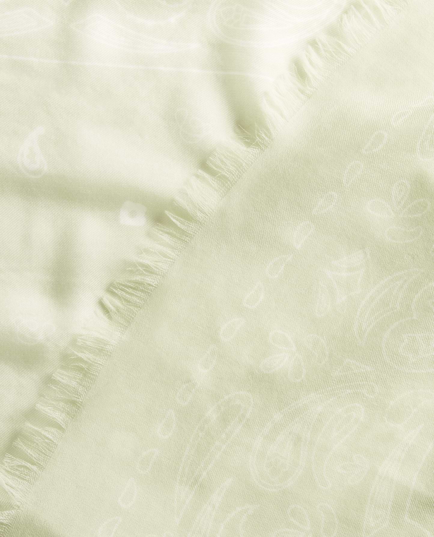 Image 2 of 3 showing close up of Rise & Fall's women's Lightweight Cashmere Scarf With Ampersand Print in lichen green.