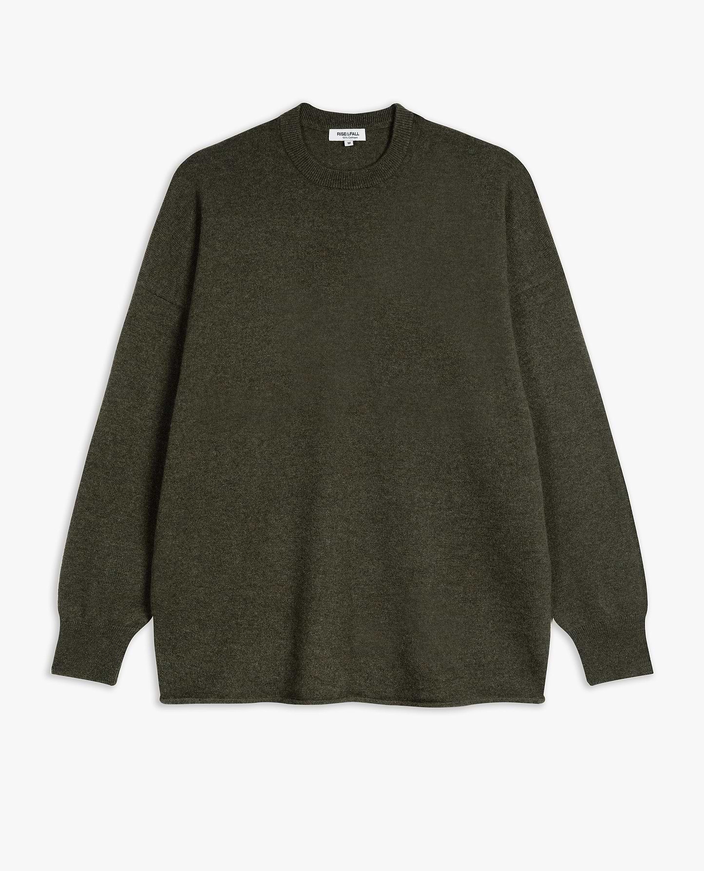 Image 2 of 5 showing Rise & Fall's finest cashmere mid-weight crew neck jumper in forest green.