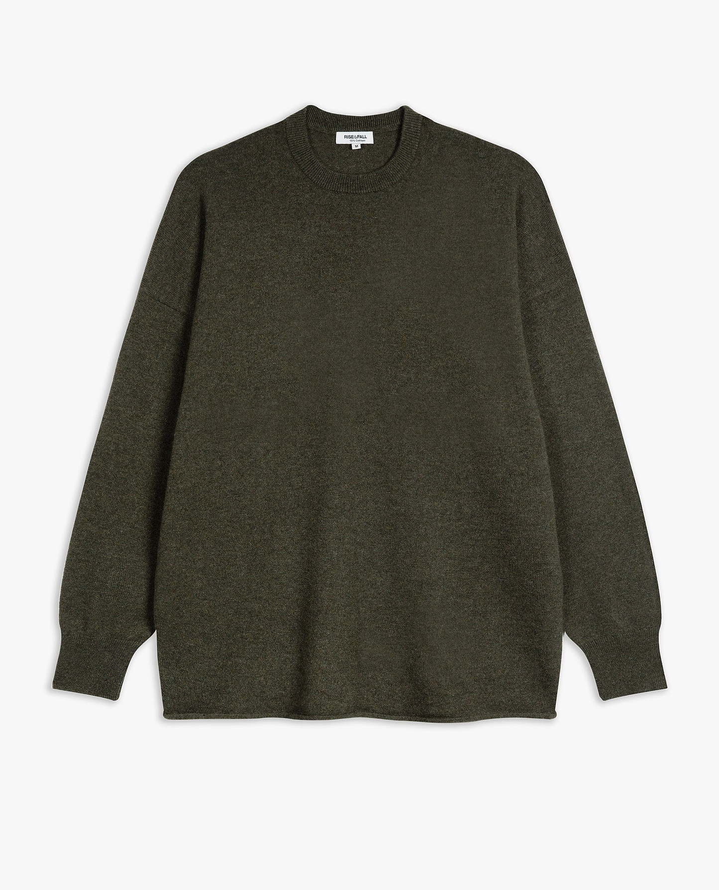 Image 2 of 5 showing Rise & Fall's finest cashmere mid-weight crew neck jumper in forest green.