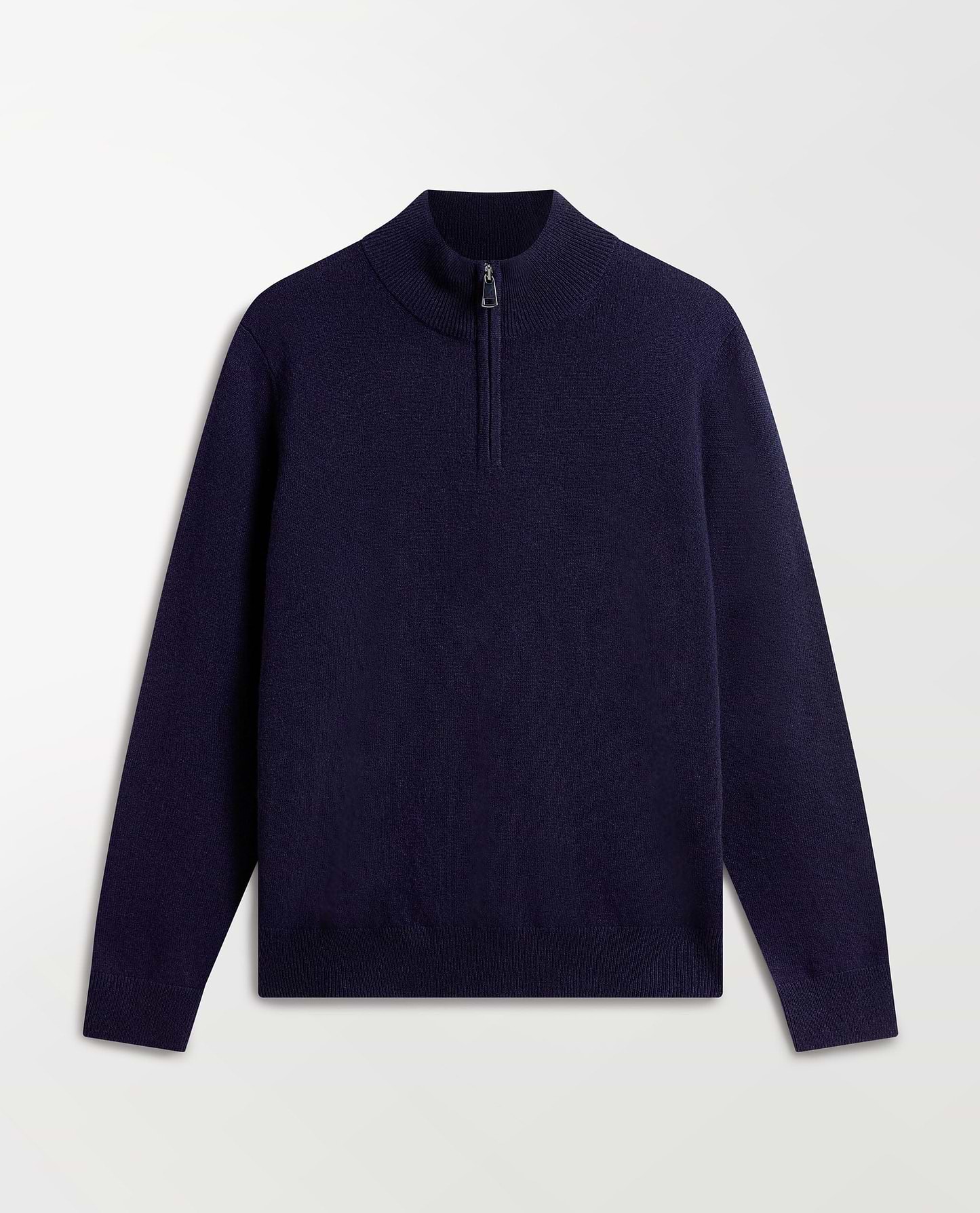 Image 2 of 5 showing Rise & Fall's fine cashmere 1/4 zip jumper, navy.