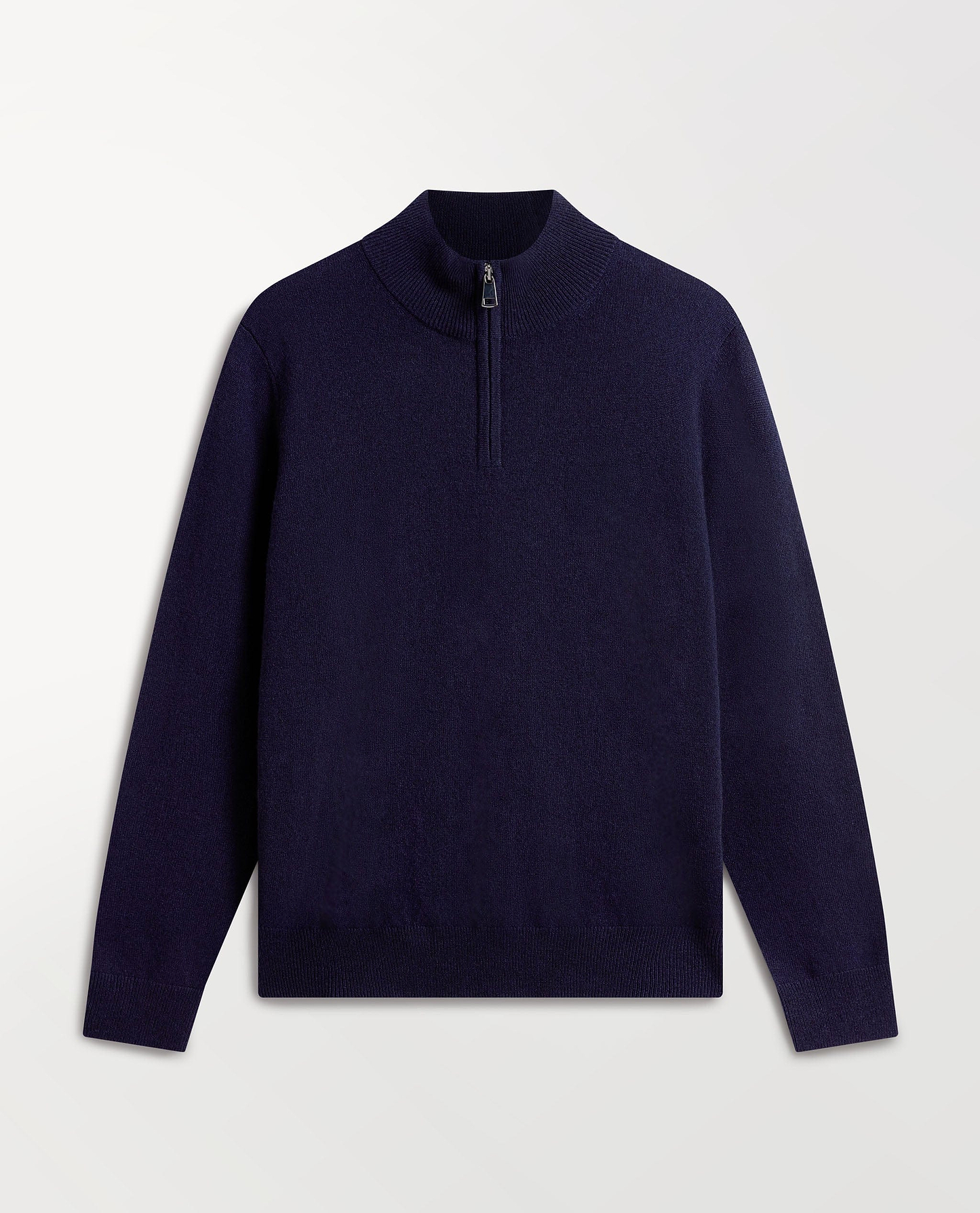 Image 2 of 5 showing Rise & Fall's fine cashmere 1/4 zip jumper, navy.