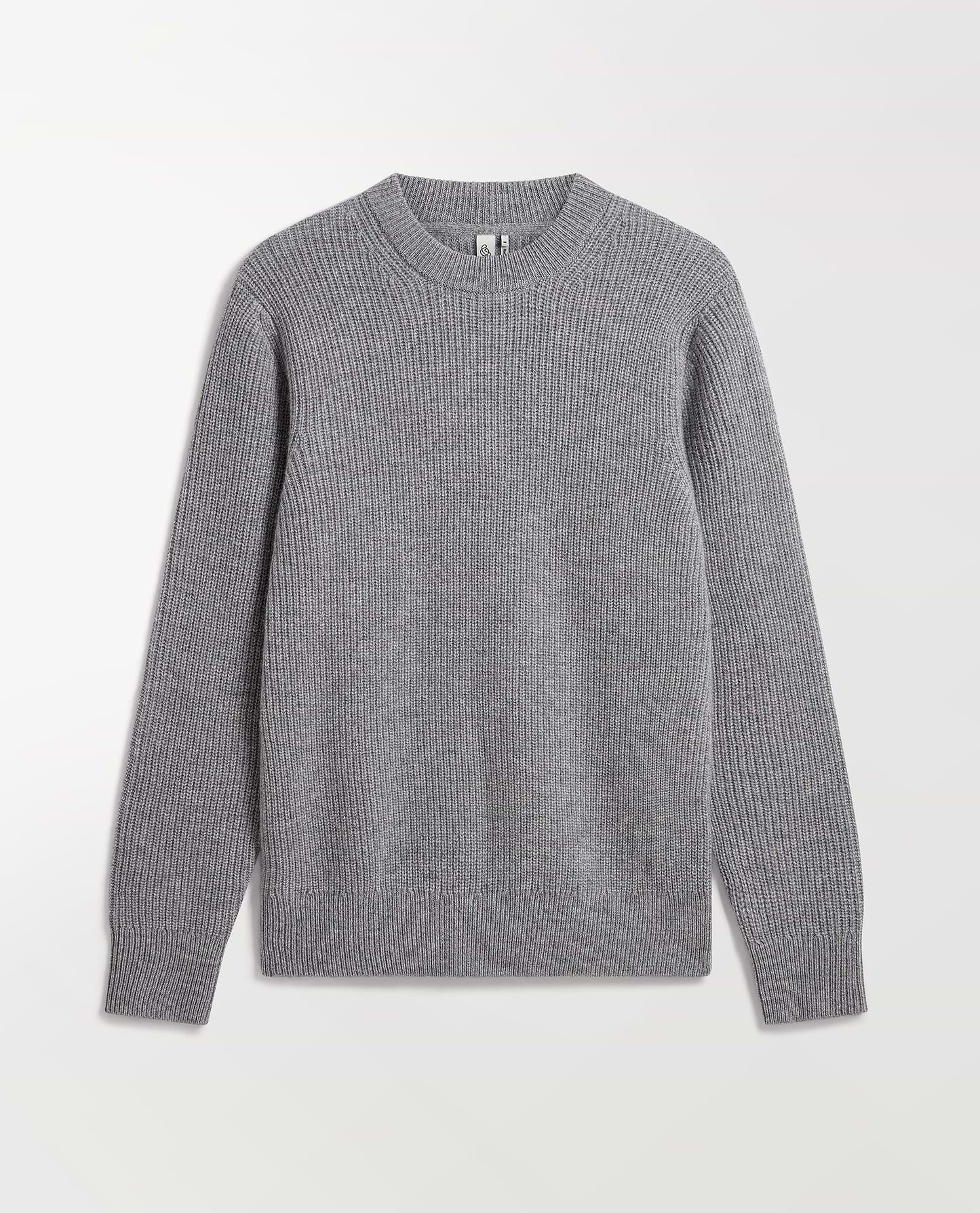 Image 2 of 5 showing Rise & Fall's Men's Cashmere Merino Fishermans Rib Crew Neck Jumper in grey.