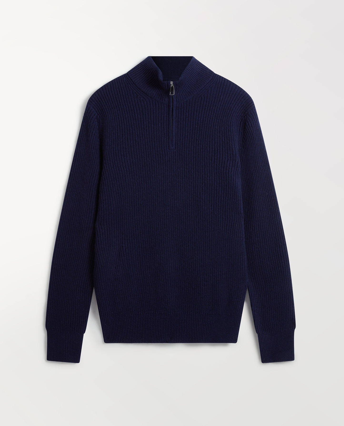 Image 2 of 5 showing Rise & Fall's Men's Cashmere Merino Fishermans Rib 1/4 Zip Jumper in navy.