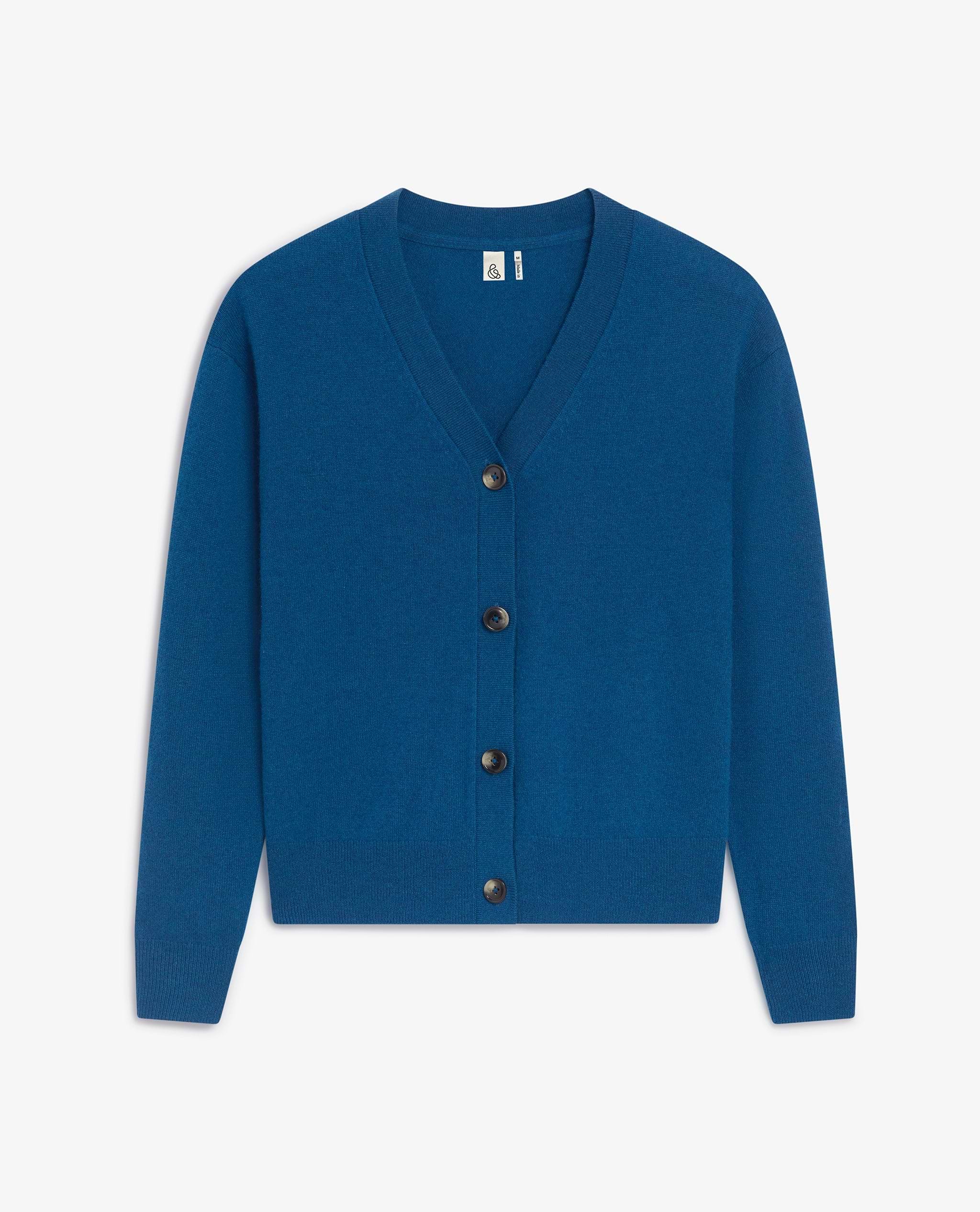 Image 2 of 5 showing Rise & Fall's women's fine cashmere v-neck in cardigan viridian blue.
