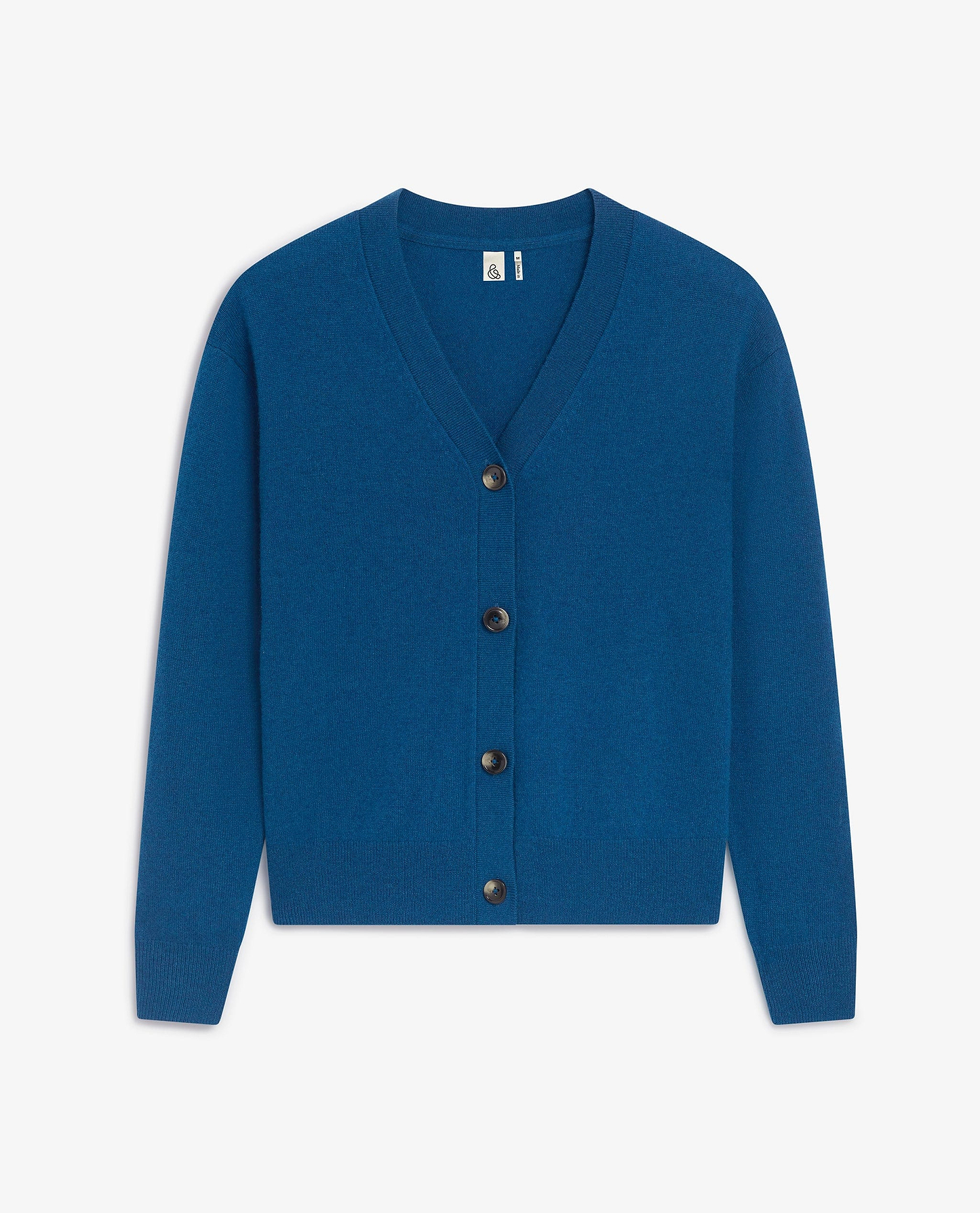 Image 2 of 5 showing Rise & Fall's women's fine cashmere v-neck in cardigan viridian blue. 
