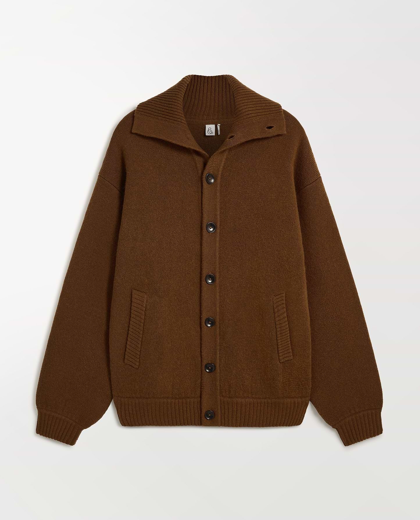 Image 2 of 6 of Rise & Fall's burl brown cashmere merino buttoned jacket with ribbed collar and cuffs.