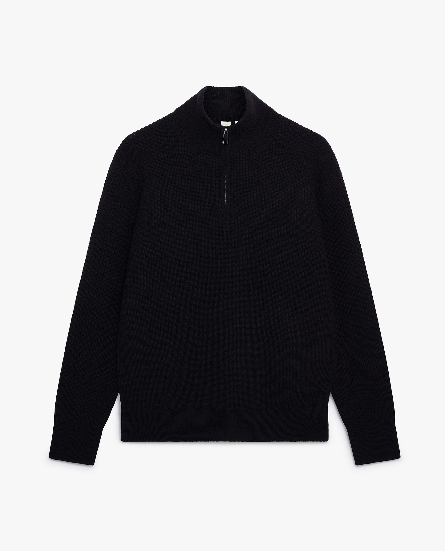 Image 2 of 6 showing Rise & Fall's Men's Cashmere Merino Fishermans Rib 1/4 Zip Jumper in black.