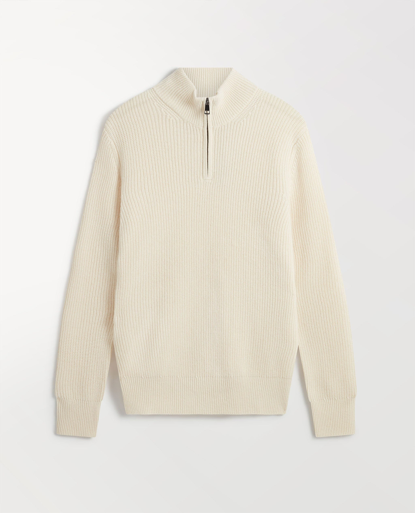 Image 2 of 6 showing Rise & Fall's Men's Cashmere Merino Fishermans Rib 1/4 Zip Jumper in cream.