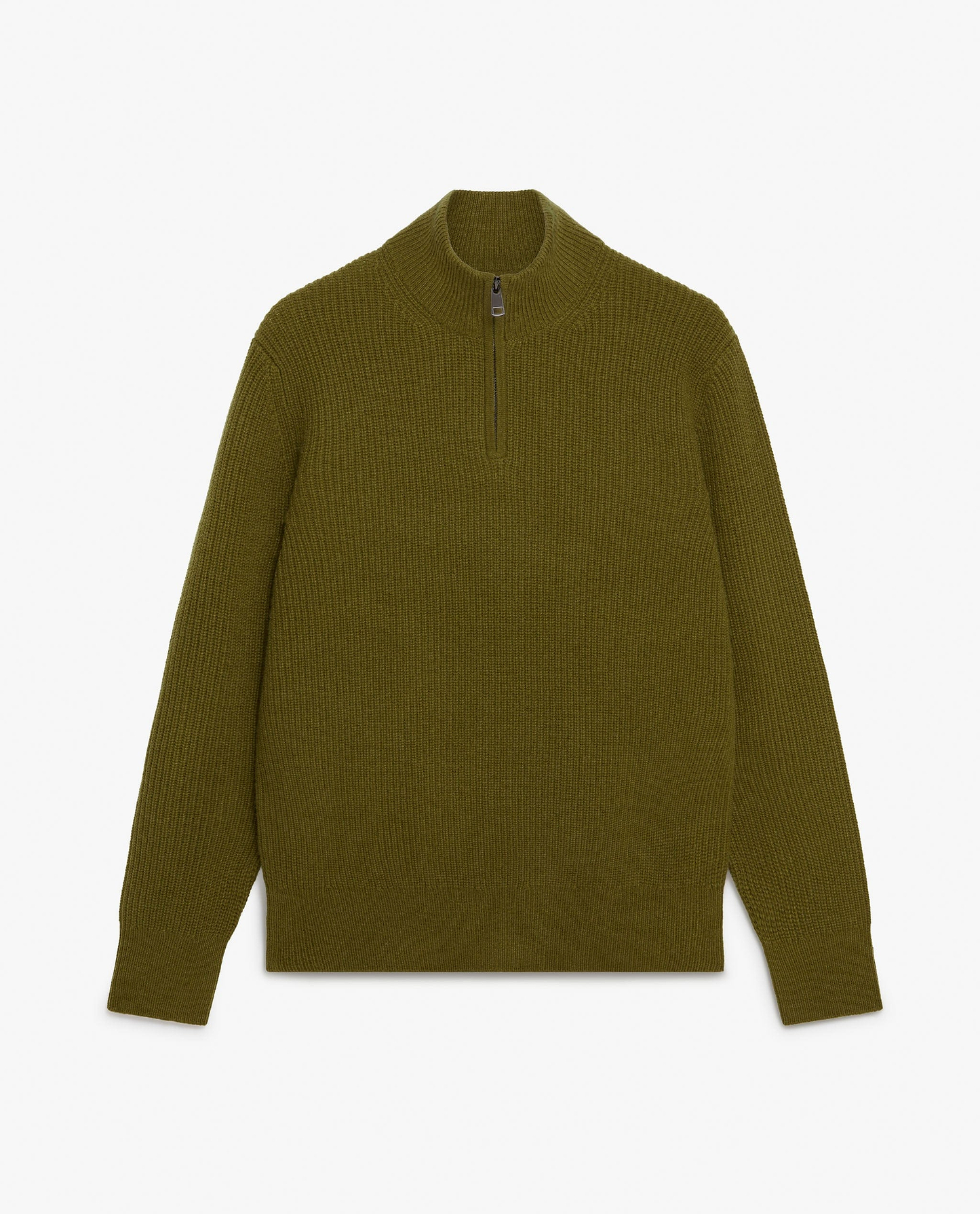 Image 2 of 6 showing Rise & Fall's Men's Cashmere Merino Fishermans Rib 1/4 Zip Jumper in olive green.