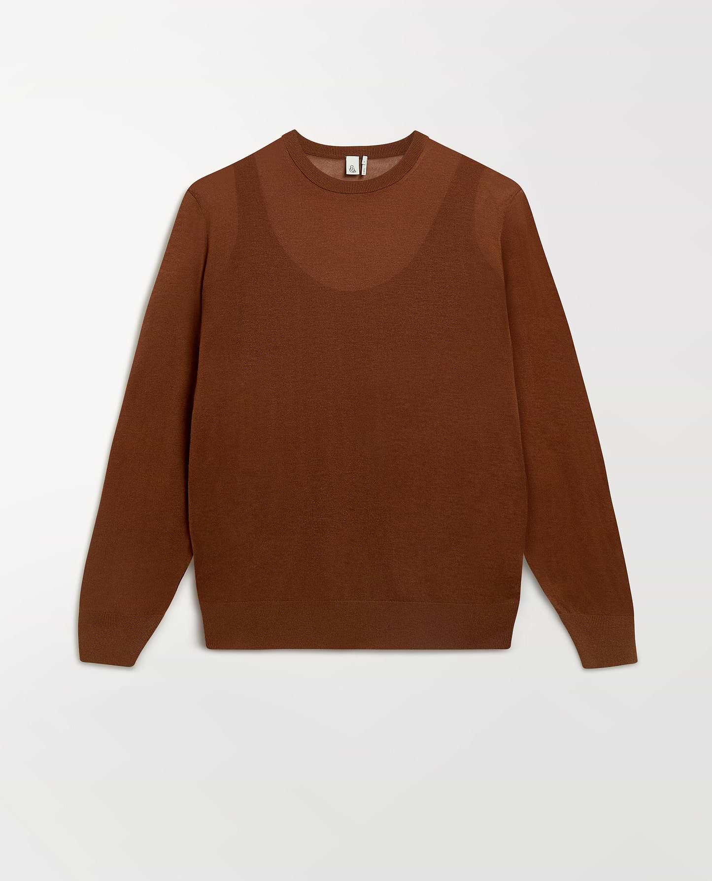Image 2 of 6 showing Rise & Fall's brown tencel cashmere double layered crew neck jumper.
