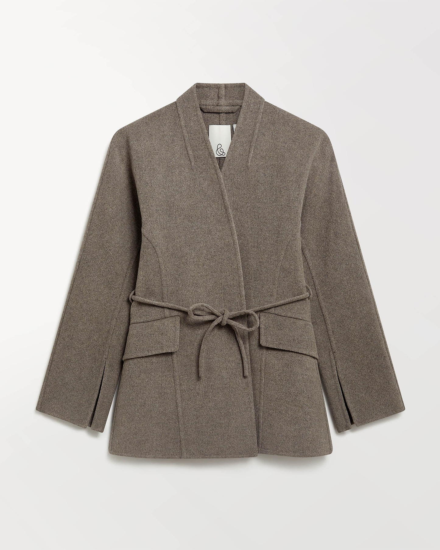 Image 2 of 7 showing close up of Rise & Fall's fawn cashmere wool double faced sculptural jacket.