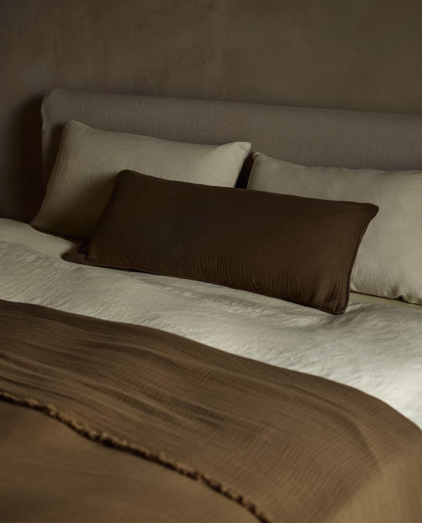 image 3 of 5 showing Rise & Fall's Relaxed & Refined celery coloured linen duvet set with linen throw and cushion, fabric: European flax