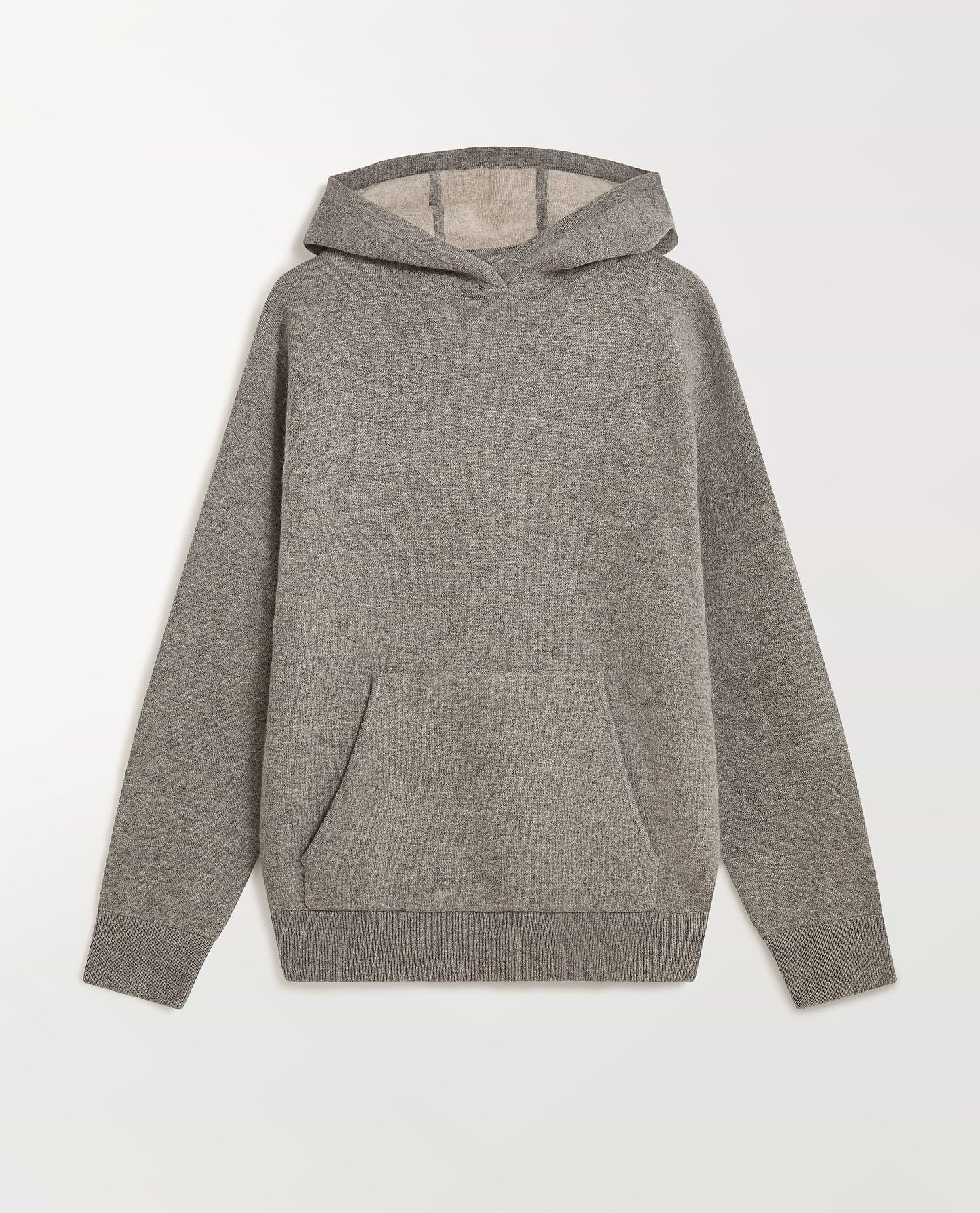 Close up Rise & Fall's grey cashmere merino double-faced hoodie.