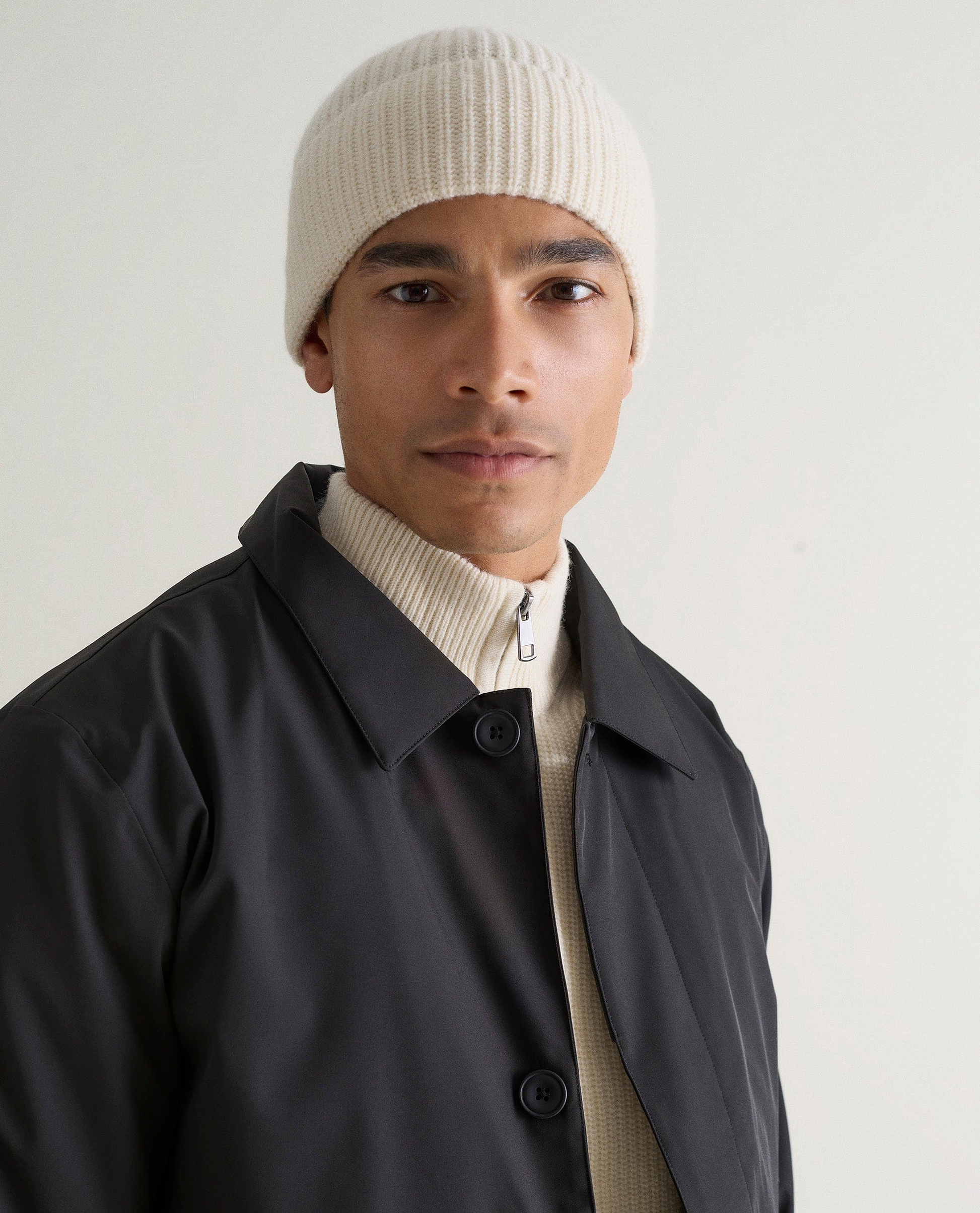 Men's Cashmere Merino Ribbed Knit Beanie - Buttermilk