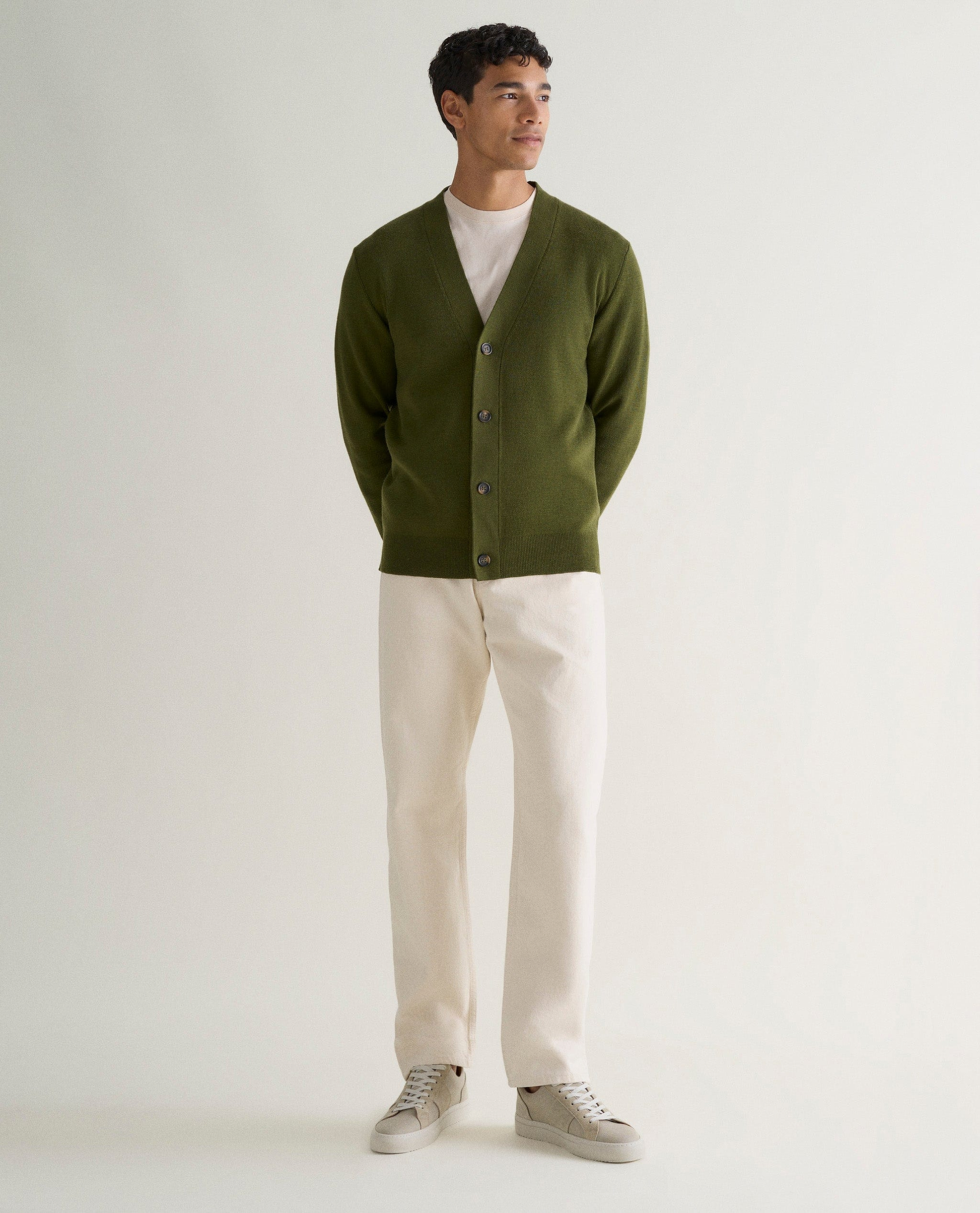 Men's Merino V Neck Cardigan - Olive