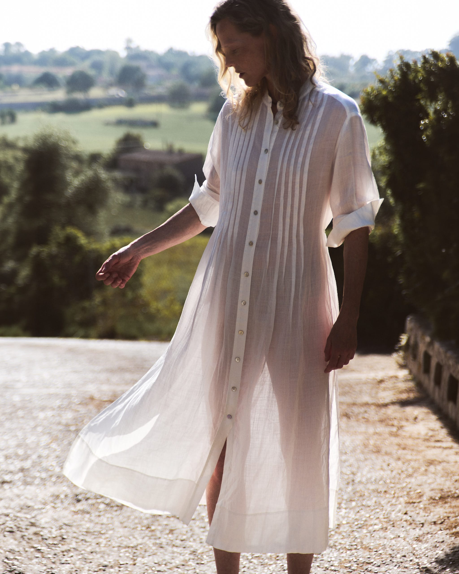 Women's Ramie Pintuck Pleat Shirt Dress - White