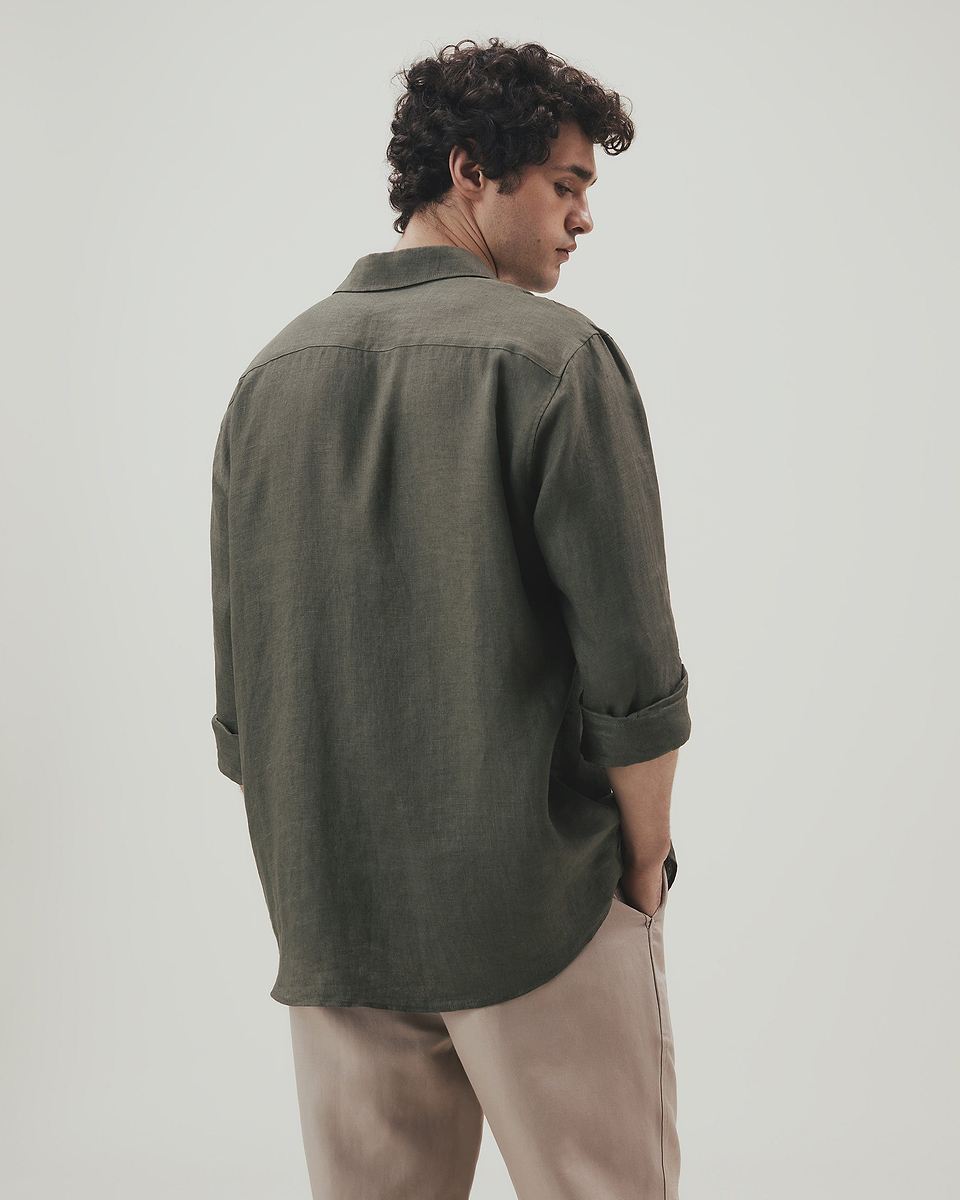Men's Long Sleeved Organic Linen Shirt - Khaki