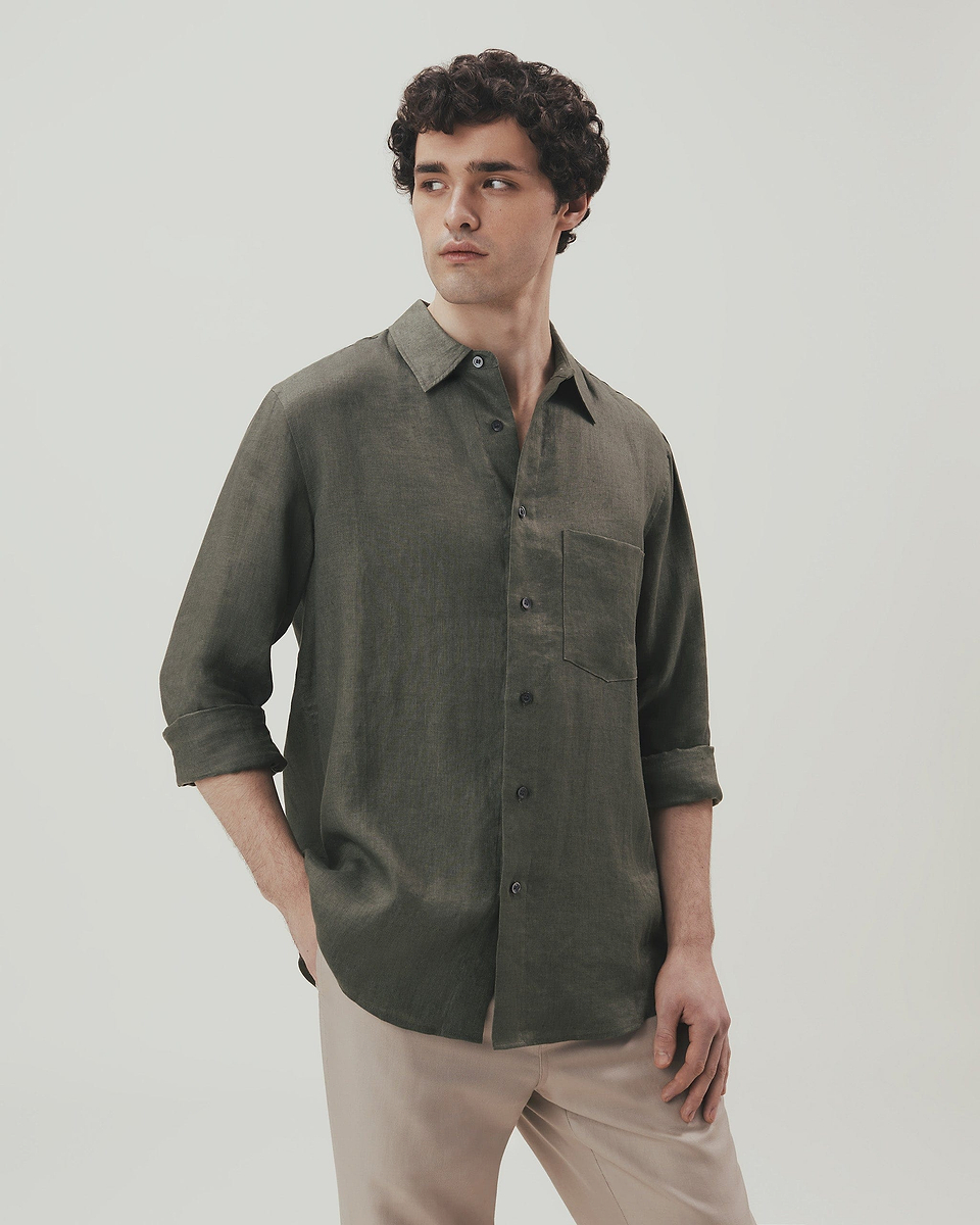 Men's Long Sleeved Organic Linen Shirt - Khaki