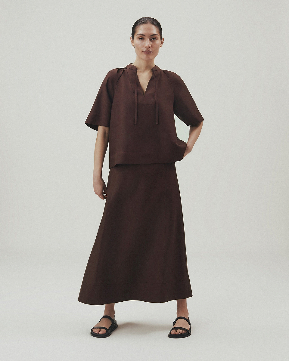 Women's Future-Linen Tie Neck Blouse - Umber