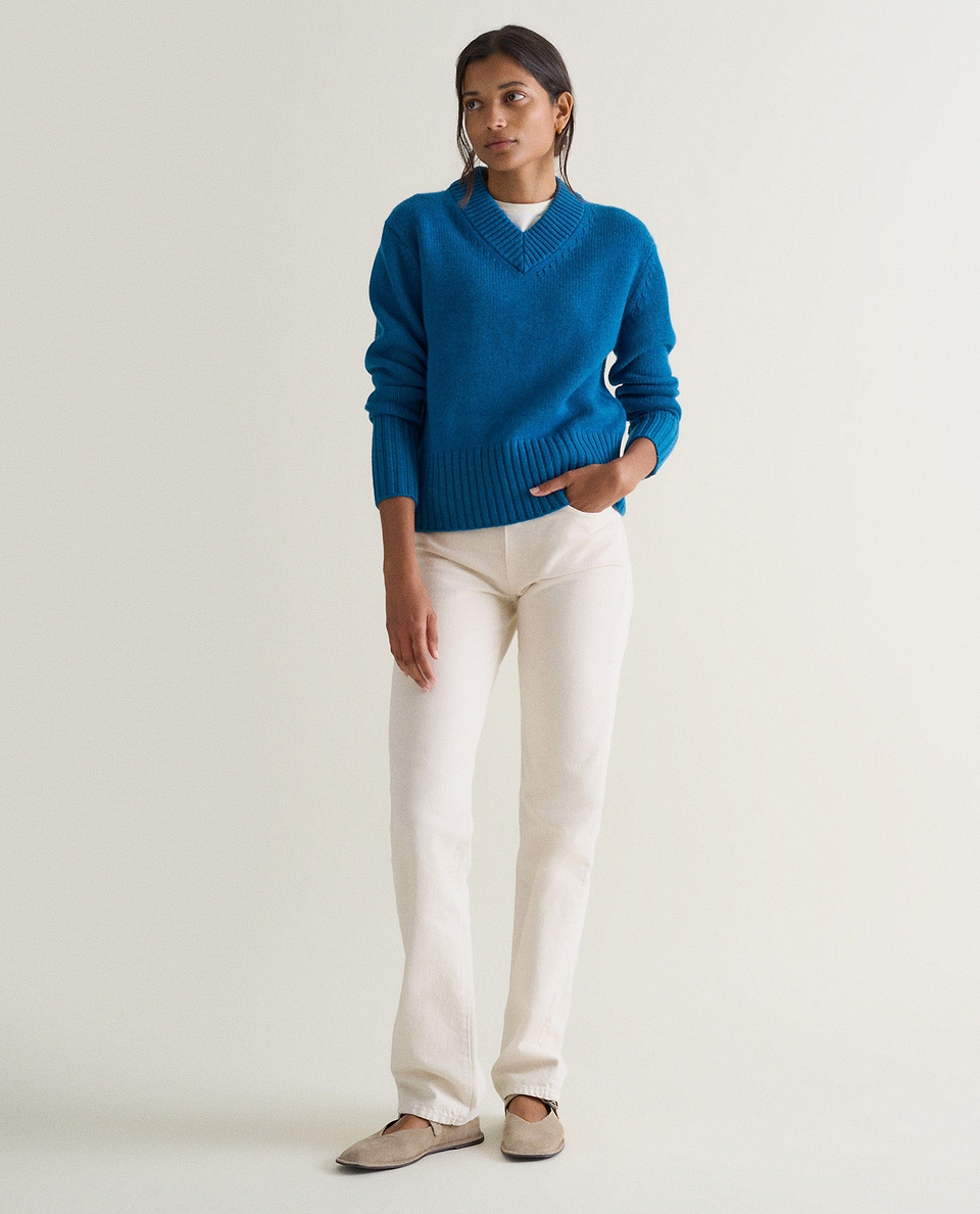 Women's Cashmere Merino V Neck Jumper - Viridian Blue