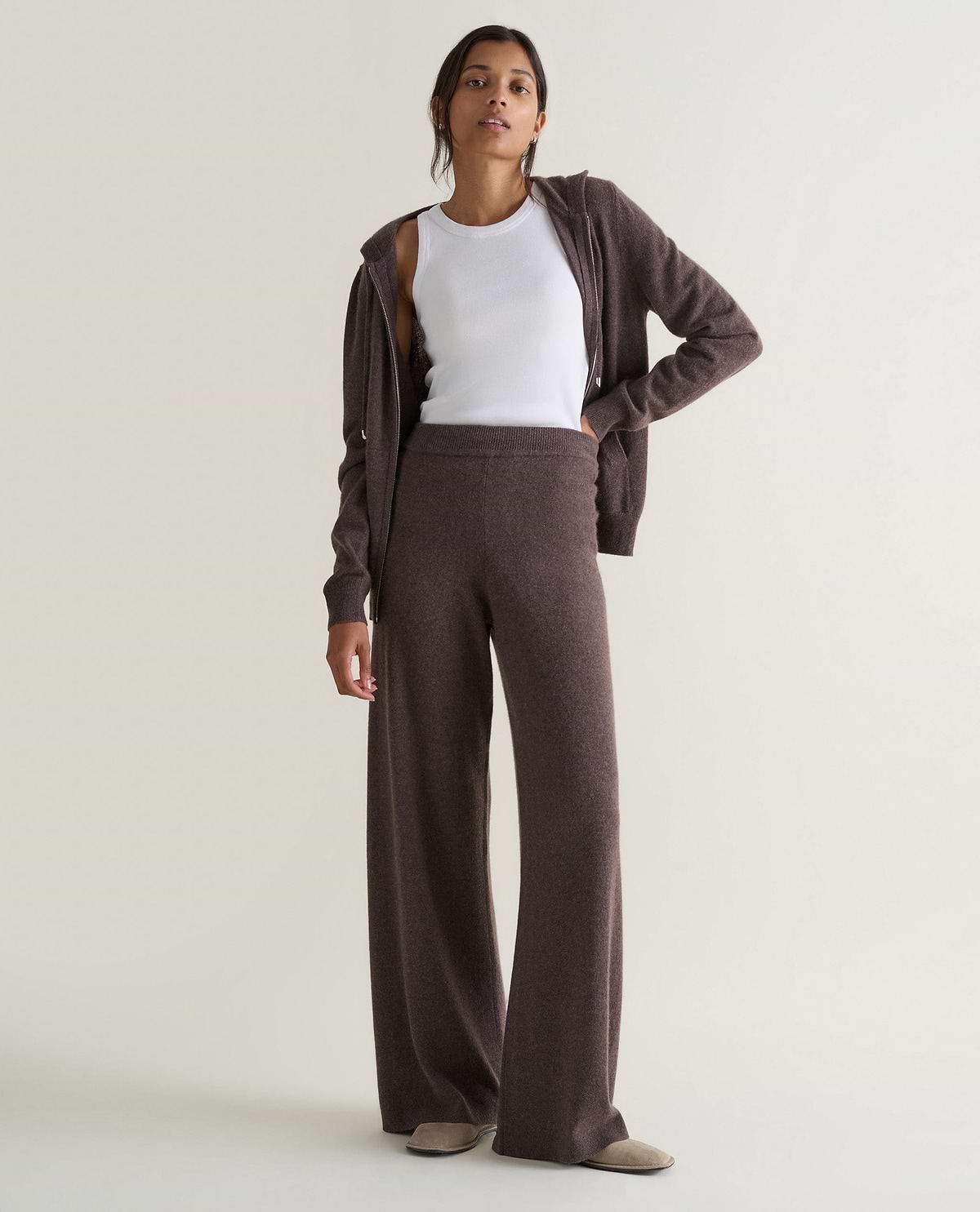 Women's Finest Cashmere Full Zip Hoodie - Chocolate