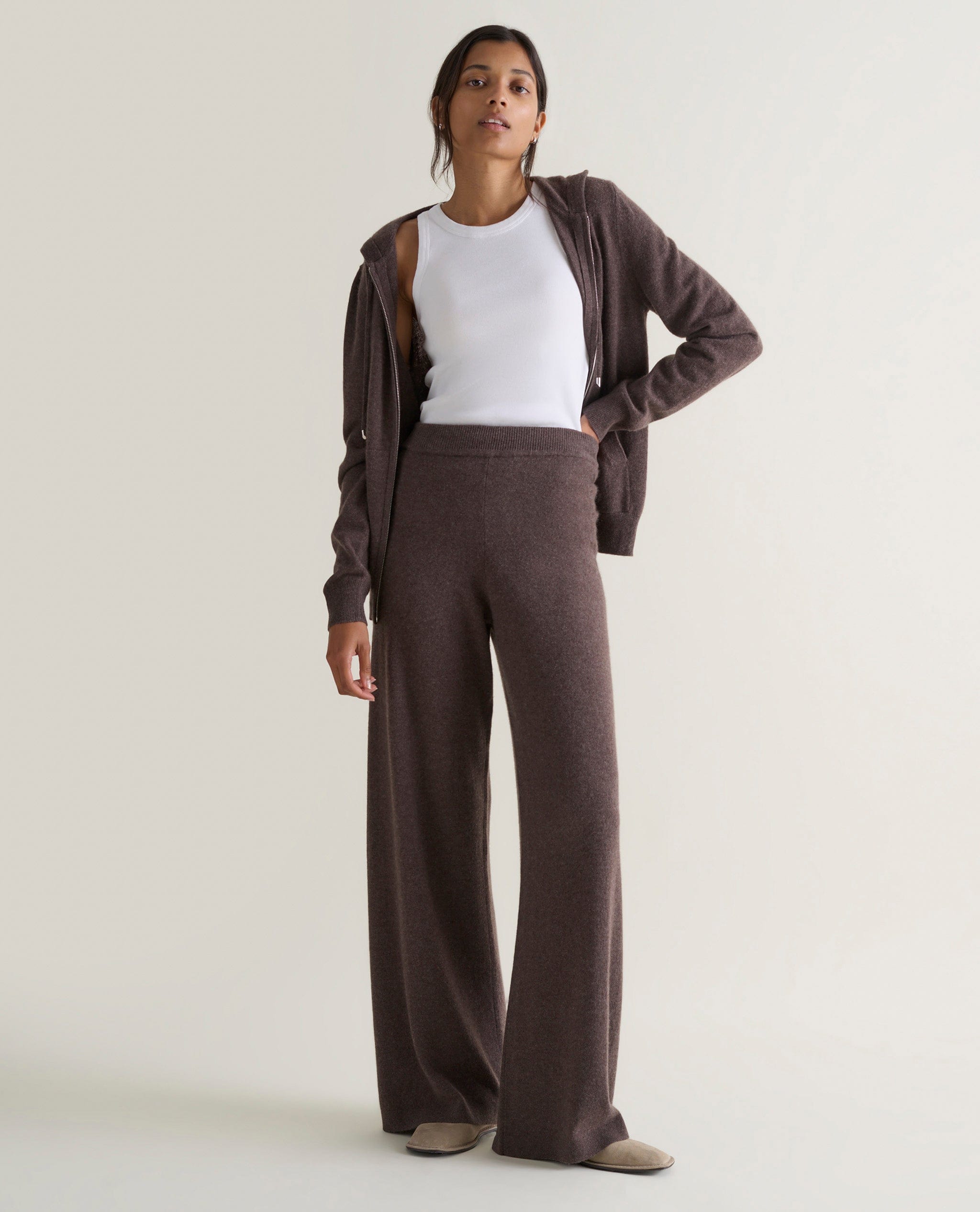 Women's Finest Cashmere Full Zip Hoodie - Chocolate