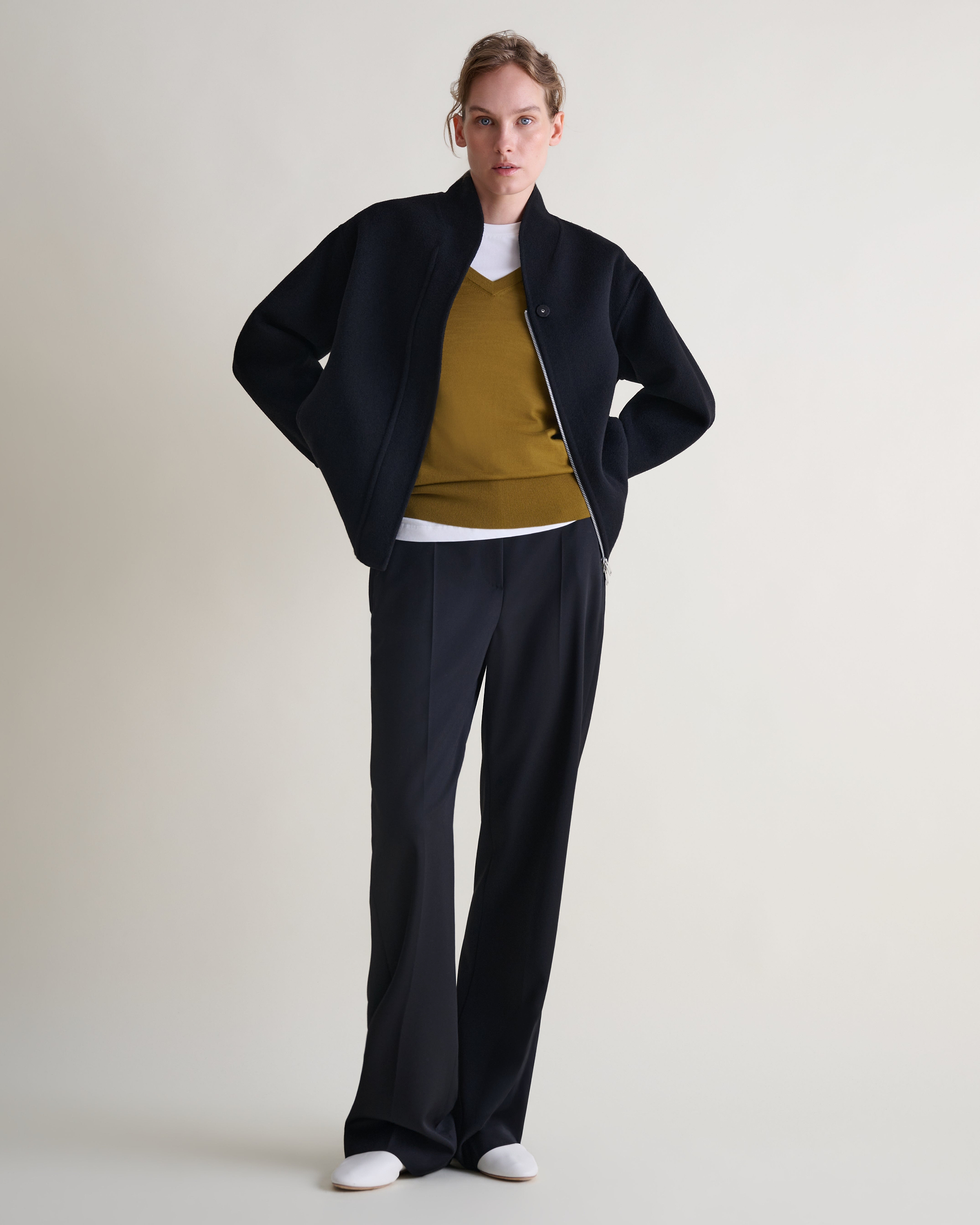 Women's Cashmere Wool Double Faced Bomber Jacket - Black