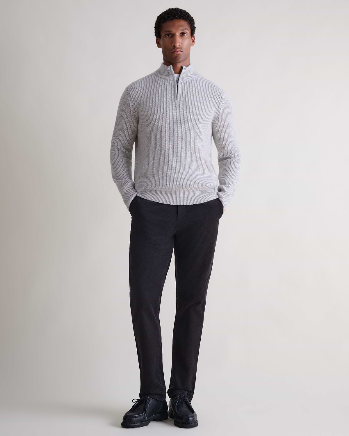 Men's Cashmere Merino Fishermans Rib 1/4 Zip Jumper - Travertine Mouline