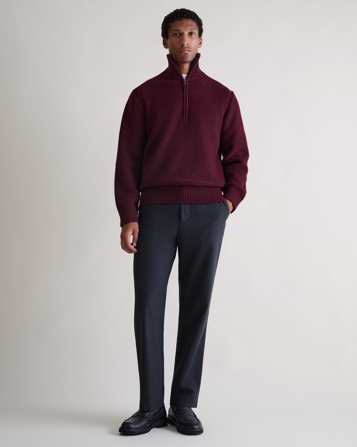 Merino Wool Loop Knit 1/4 Zip Jumper - Oxblood