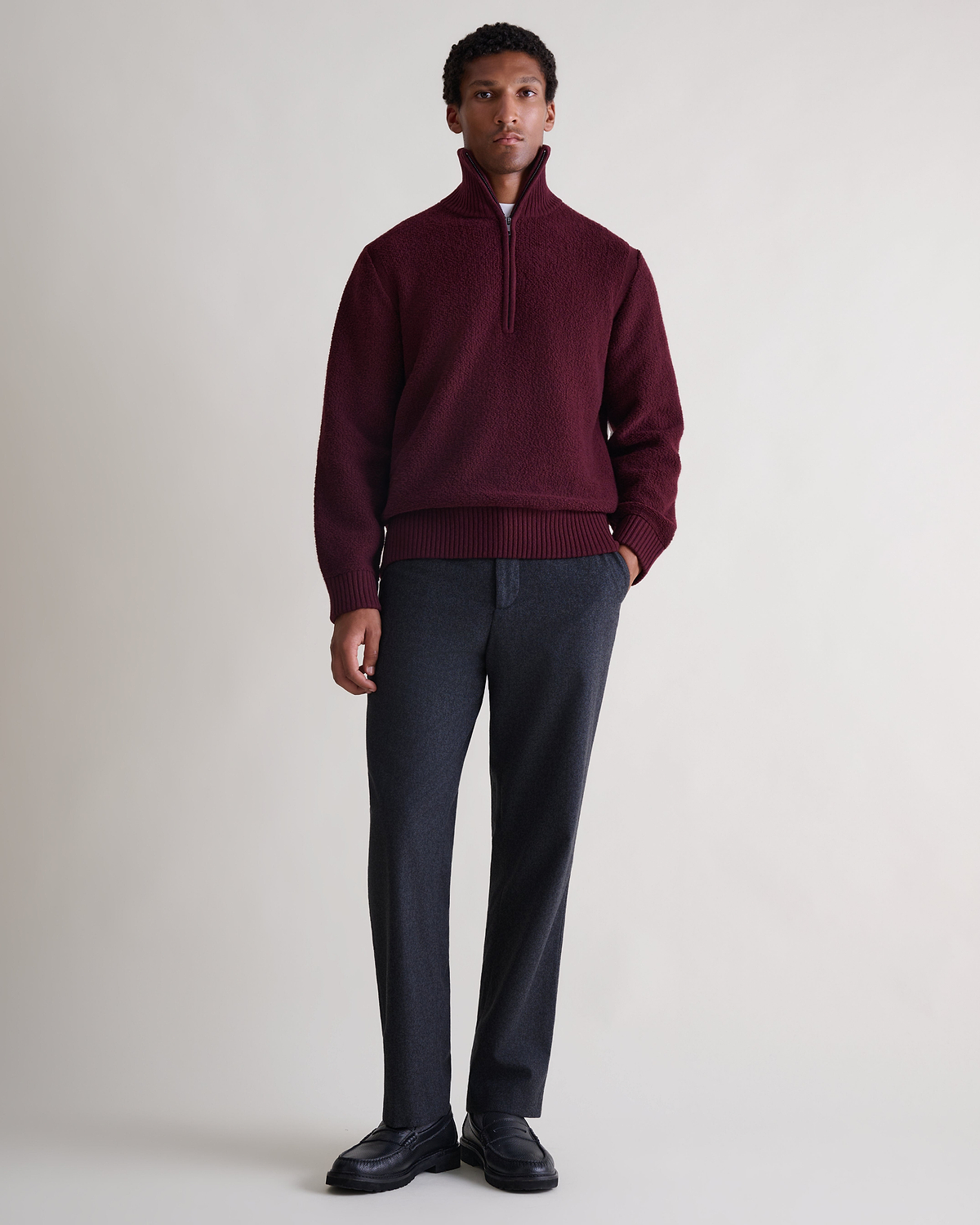 Merino Wool Loop Knit 1/4 Zip Jumper - Oxblood