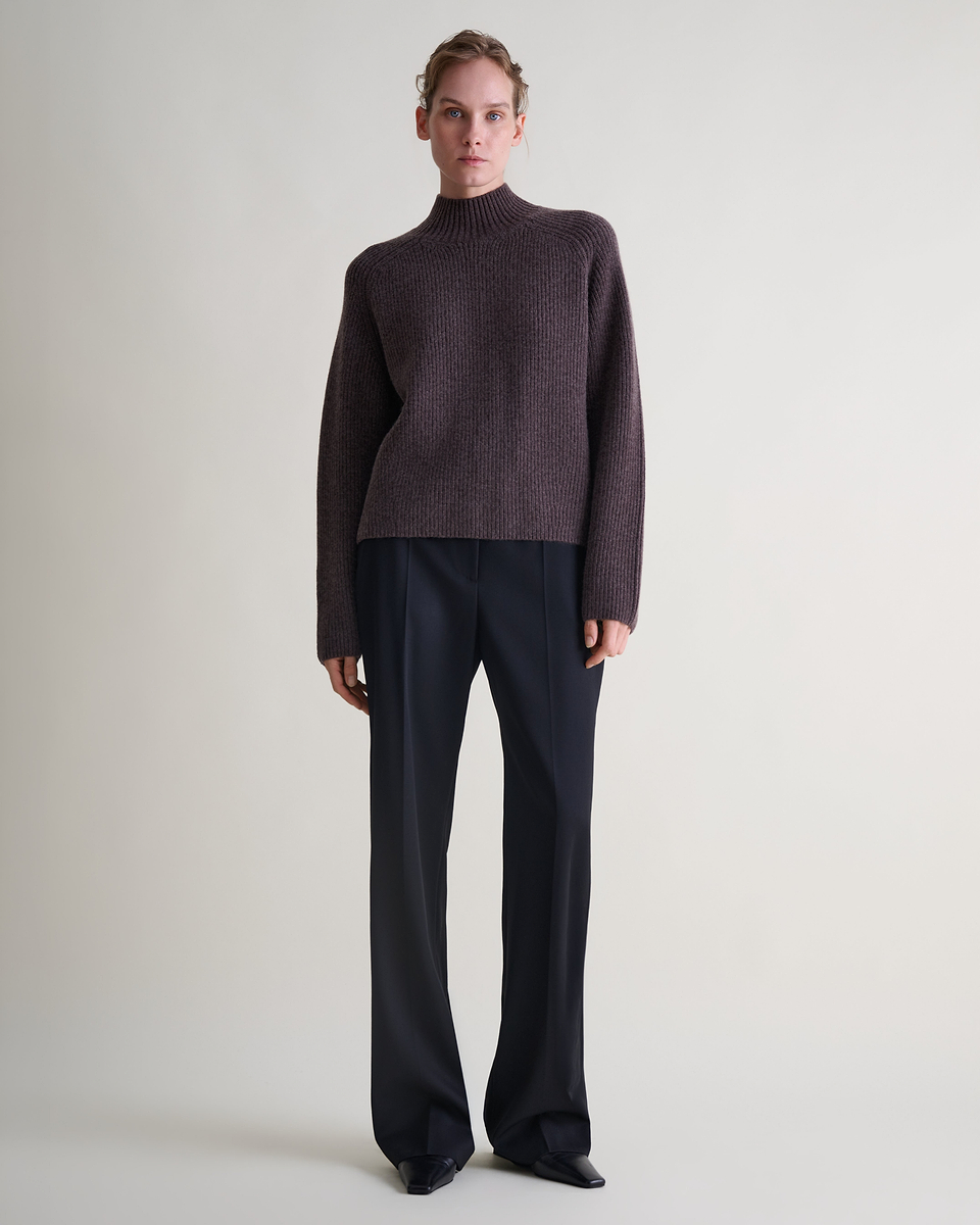 Women's Cashmere Merino Ribbed High Neck Jumper - Chocolate