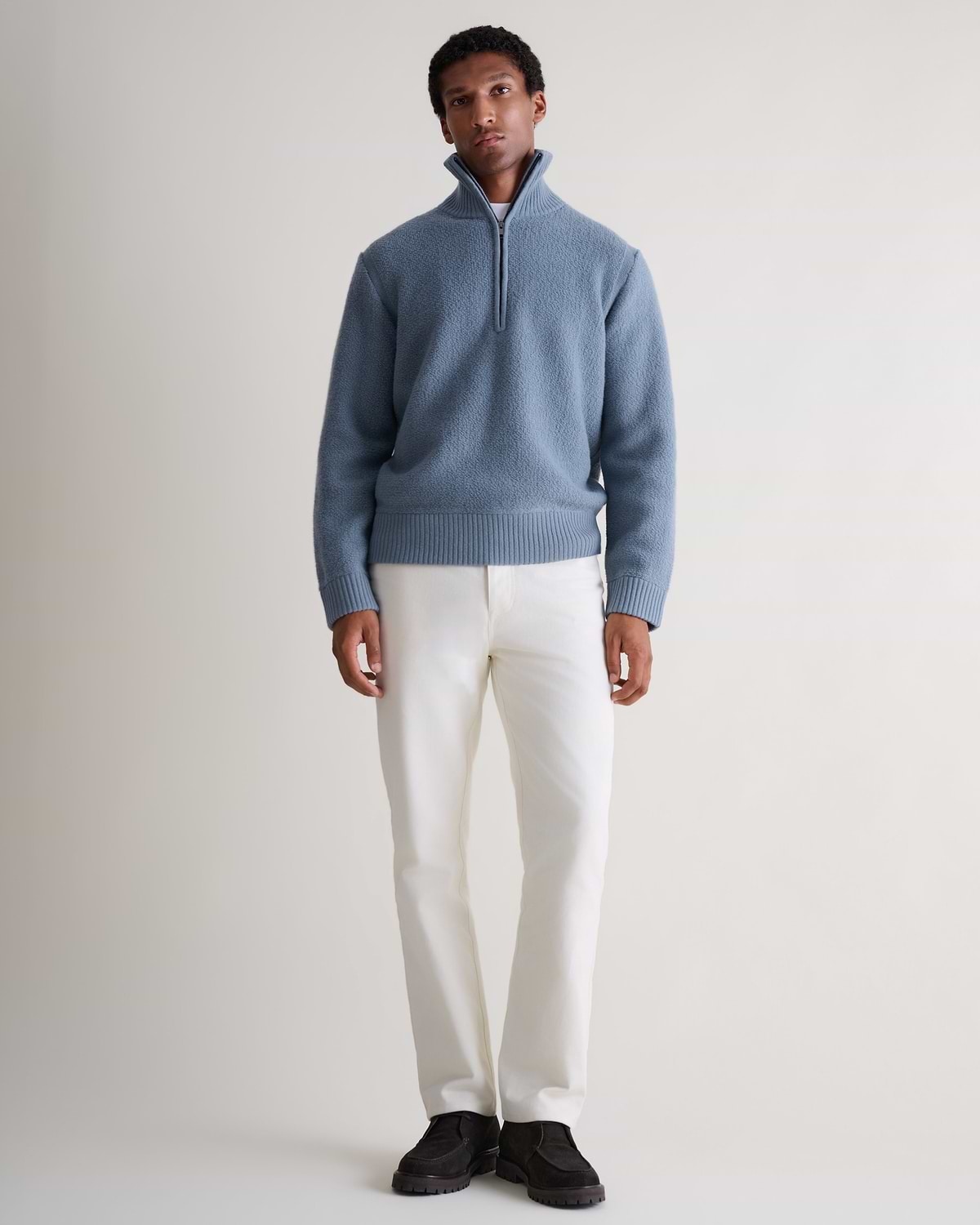 Merino Wool Loop Knit 1/4 Zip Jumper - Steel Blue