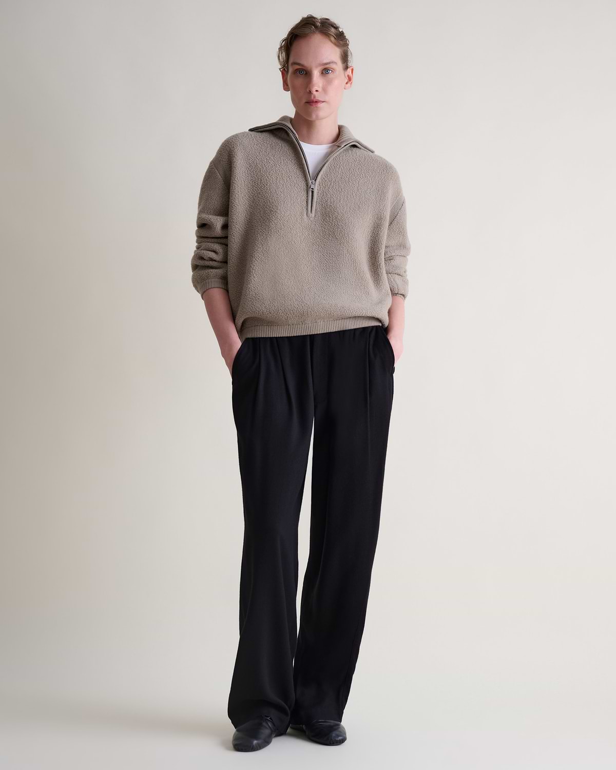 Women's Merino Wool Loop Knit Funnel Neck Jumper - Putty