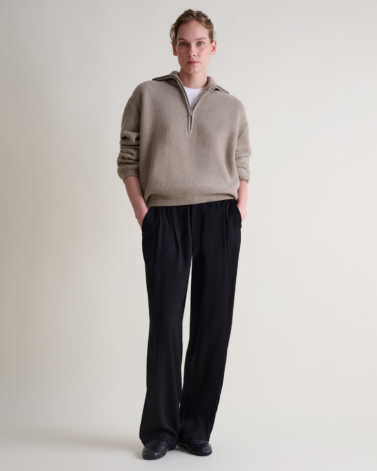 Women's Merino Wool Loop Knit Funnel Neck Jumper - Putty