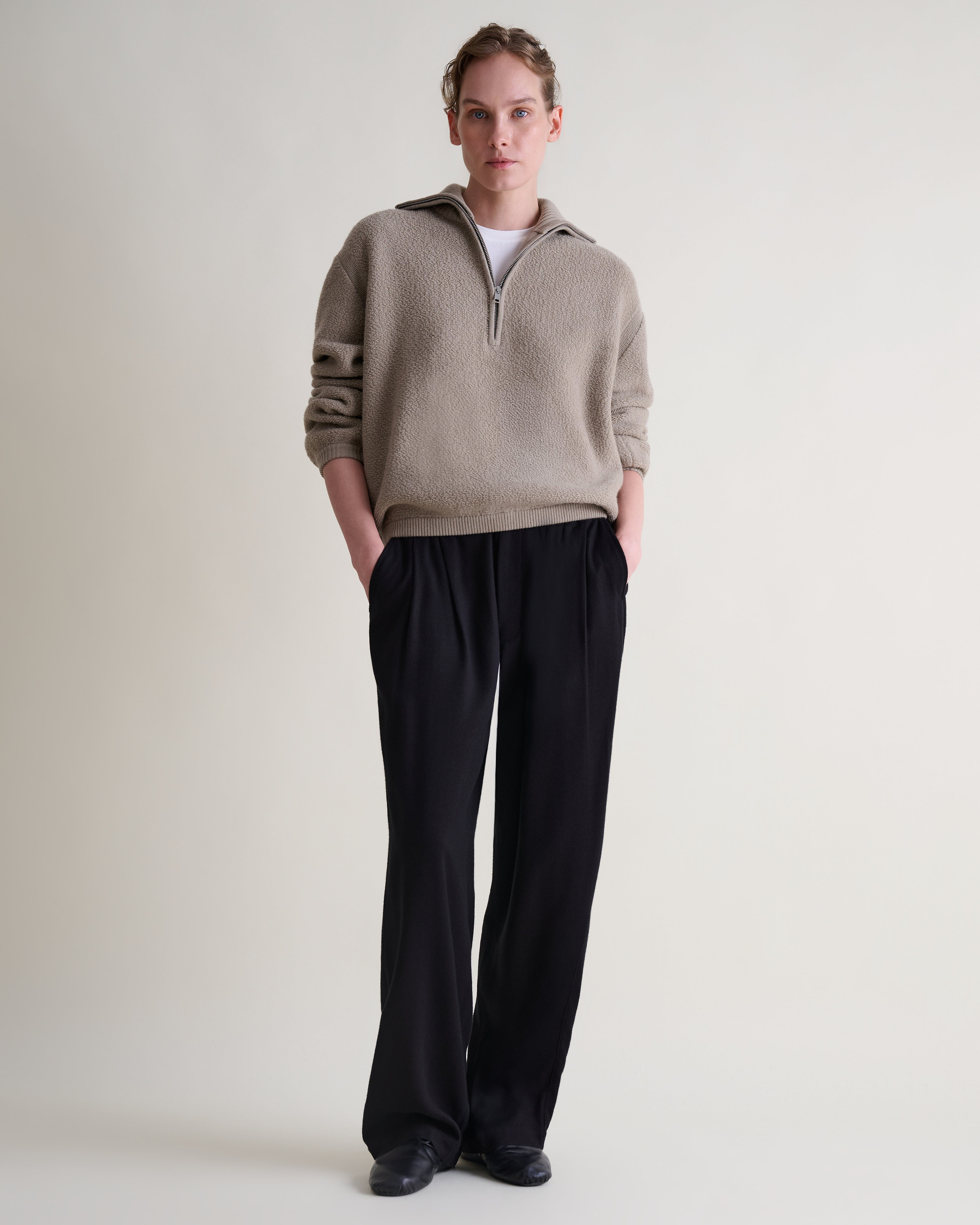Women's Merino Wool Loop Knit Funnel Neck Jumper - Putty