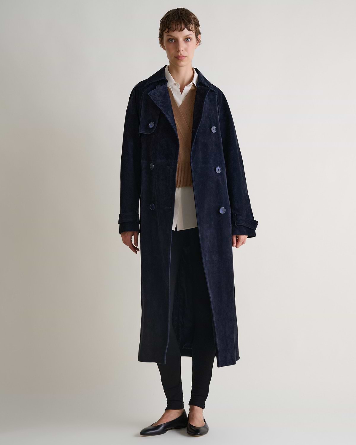 Suede Trench Coat - Navy