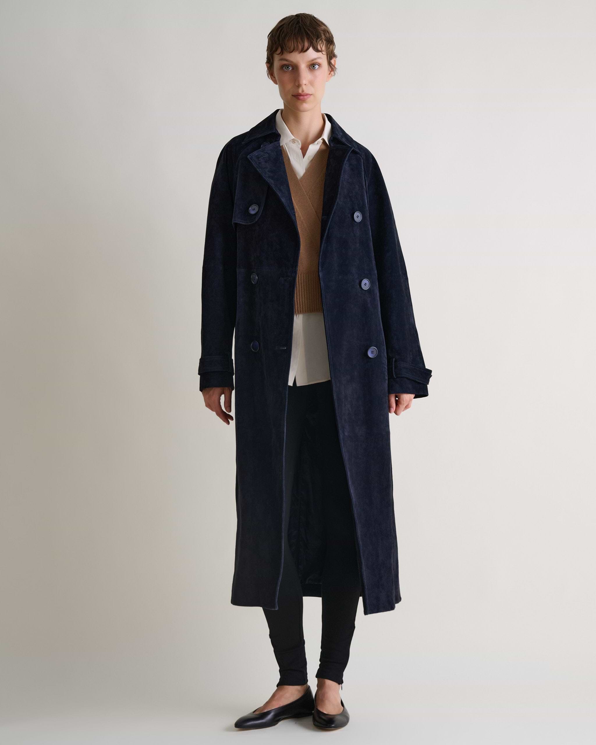 Suede Trench Coat - Navy