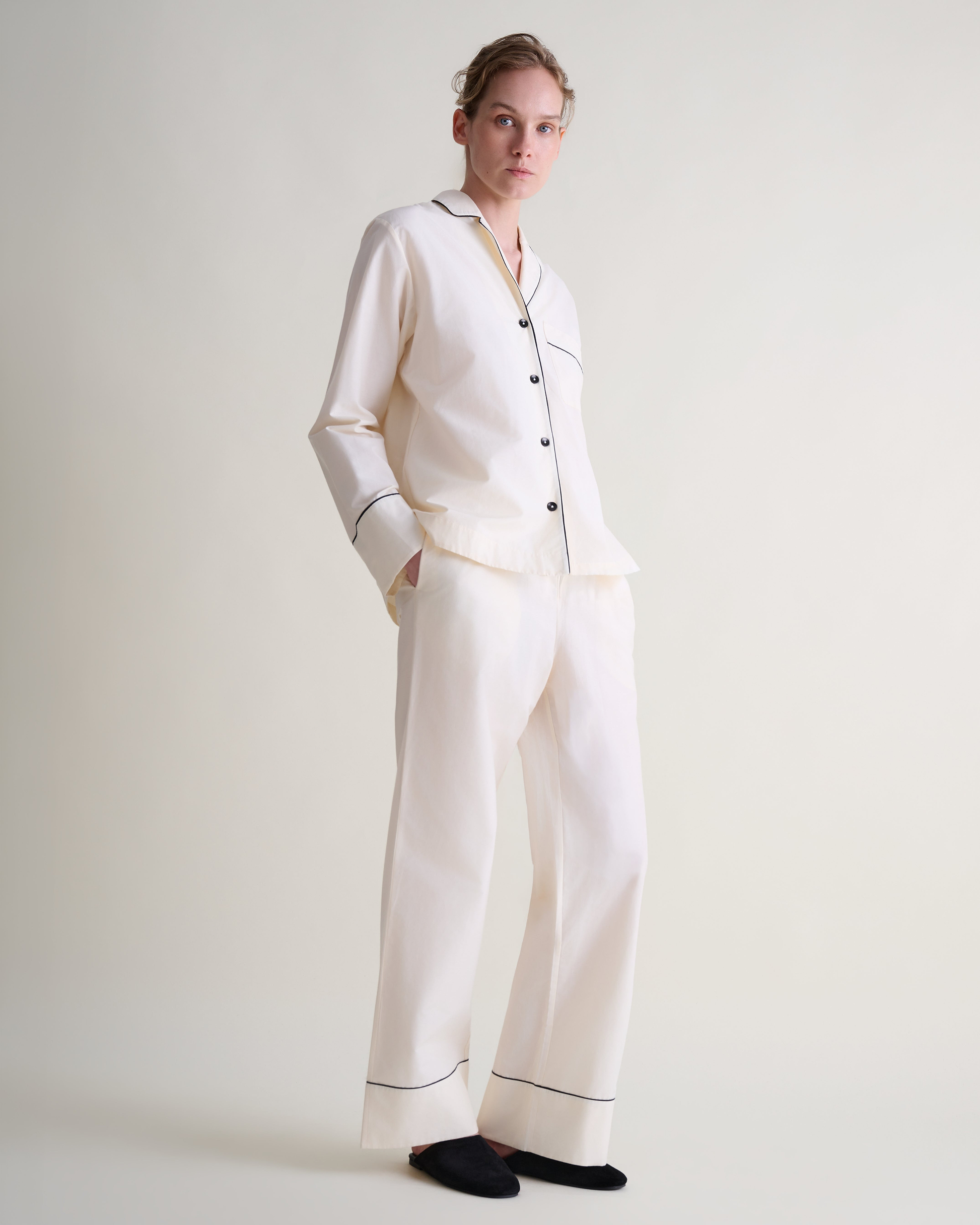 Women's Silk Cotton Pyjama Set - Buttermilk/Black