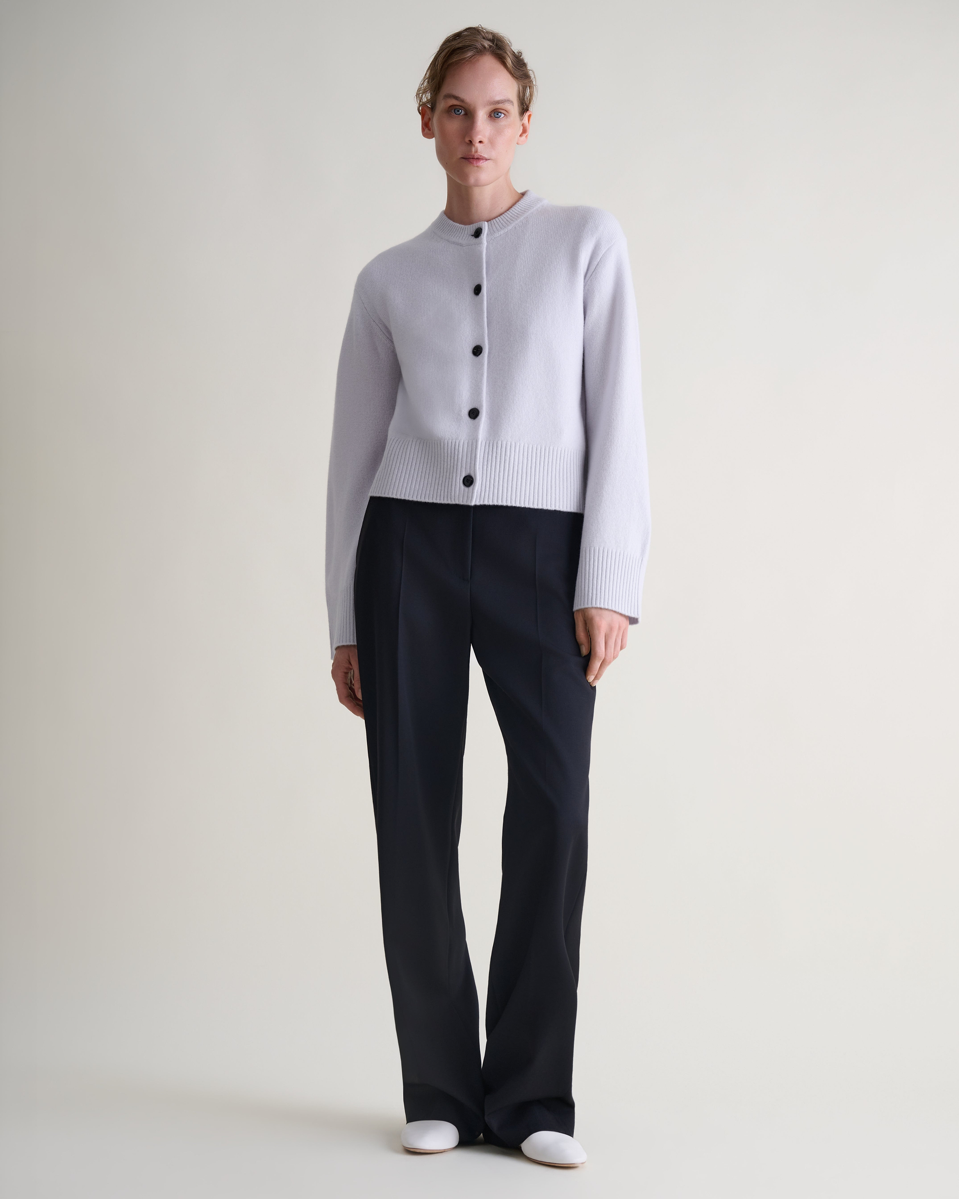 Women's Wool Crew Neck Cardigan - Ice Blue