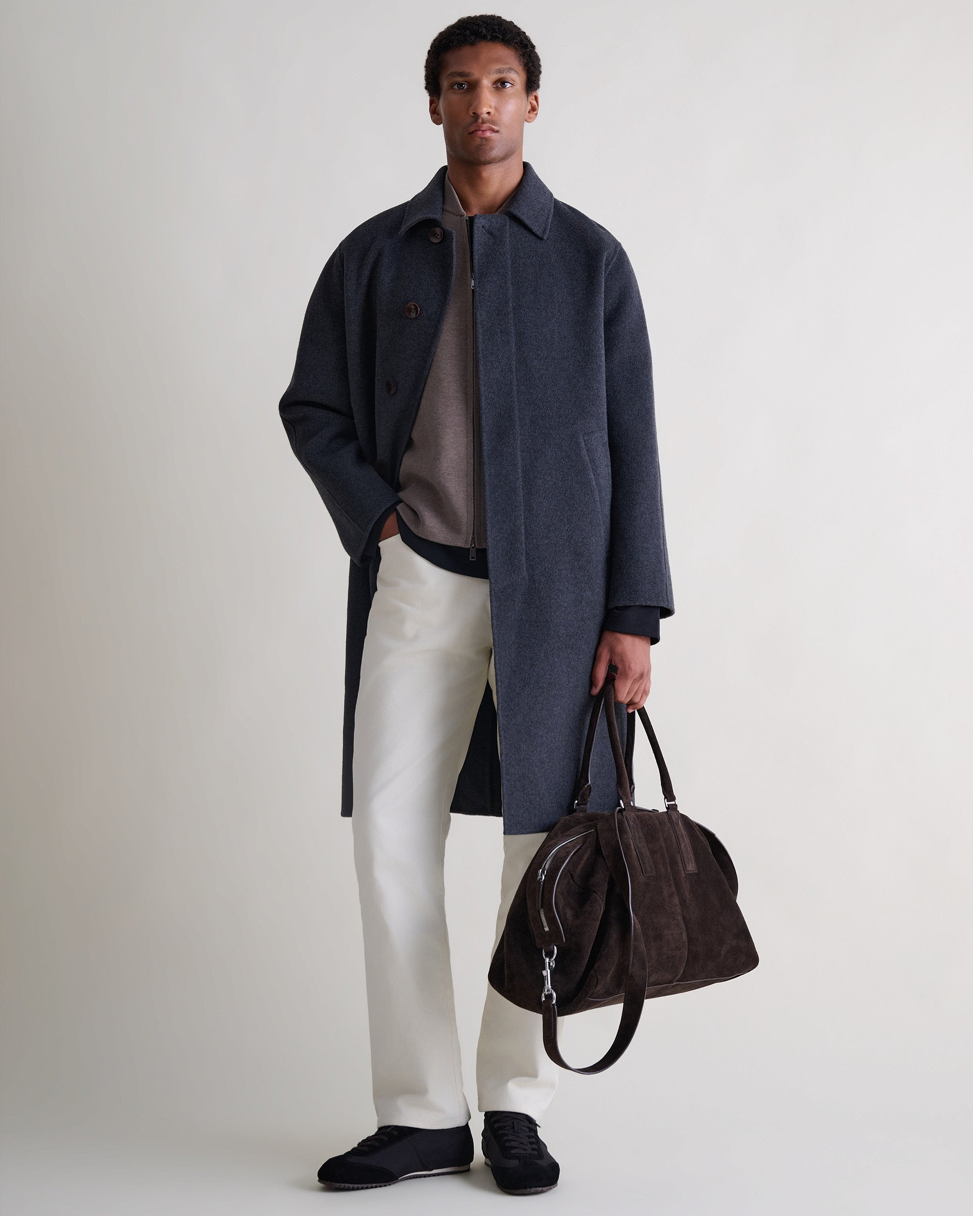 Men's Cashmere Wool Double Faced Wool Car Coat - Charcoal