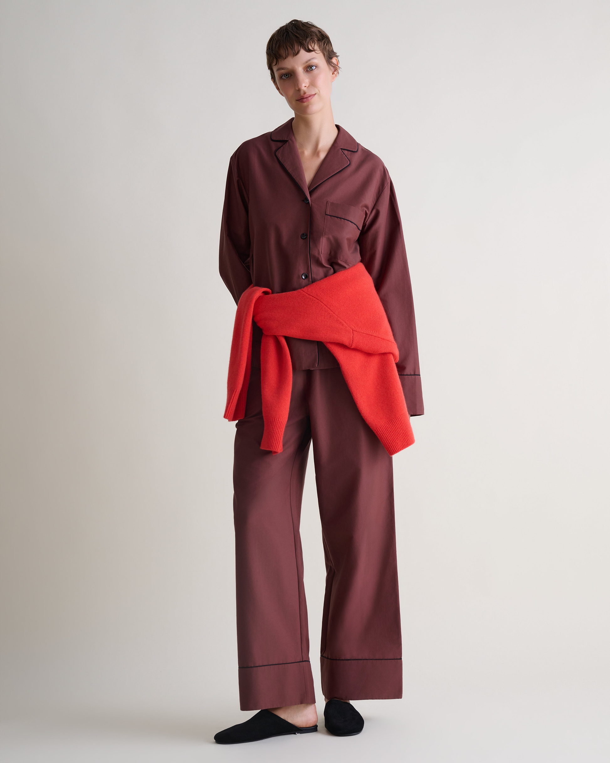 Women's Silk Cotton Pyjama Set - Umber/Black