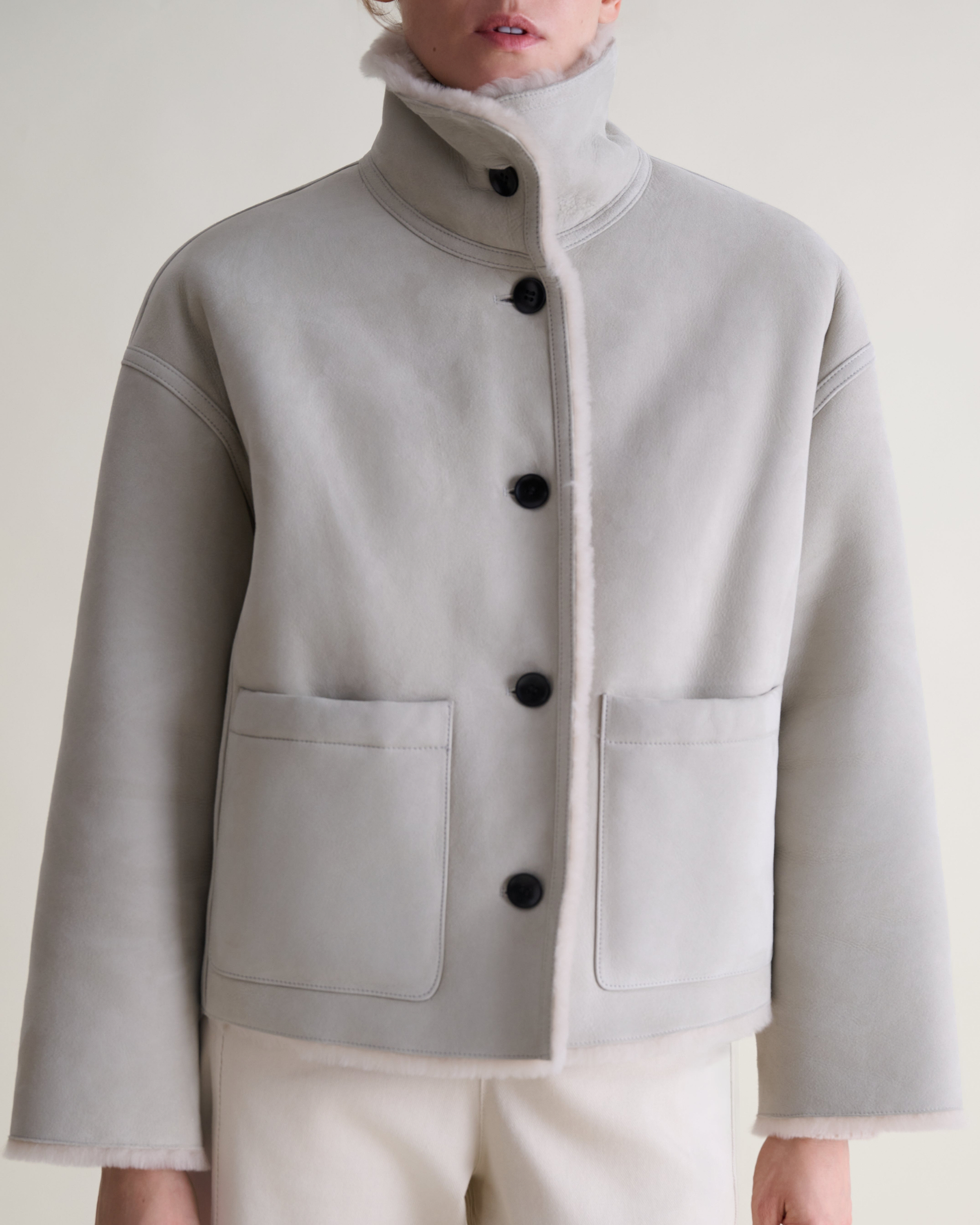 Women's Reversible Shearling Funnel Neck Jacket - Bone