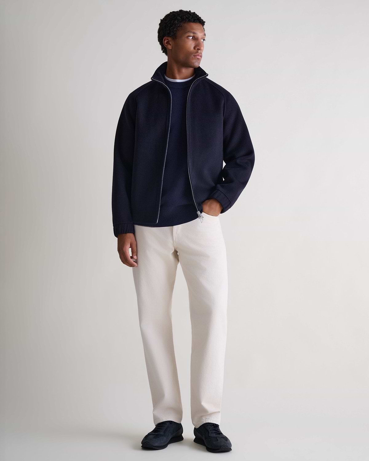 Men's Cashmere Wool Double Faced Bomber Jacket - Navy