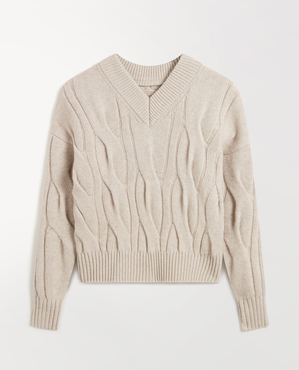 Lambswool Cable Knit V-neck Jumper - Bone