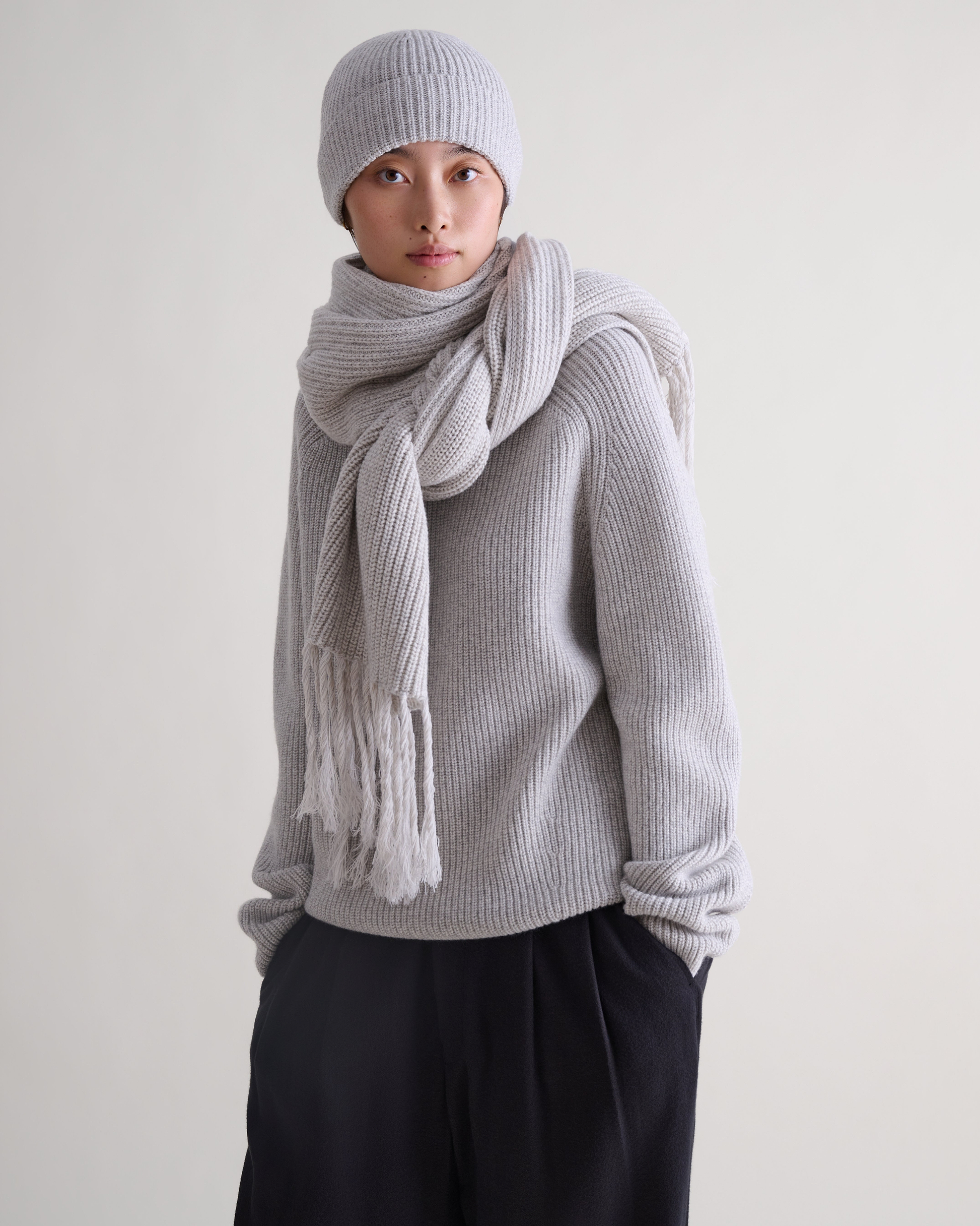 Cashmere Merino Twisted Fringe Wrap - Travertine Moulinee