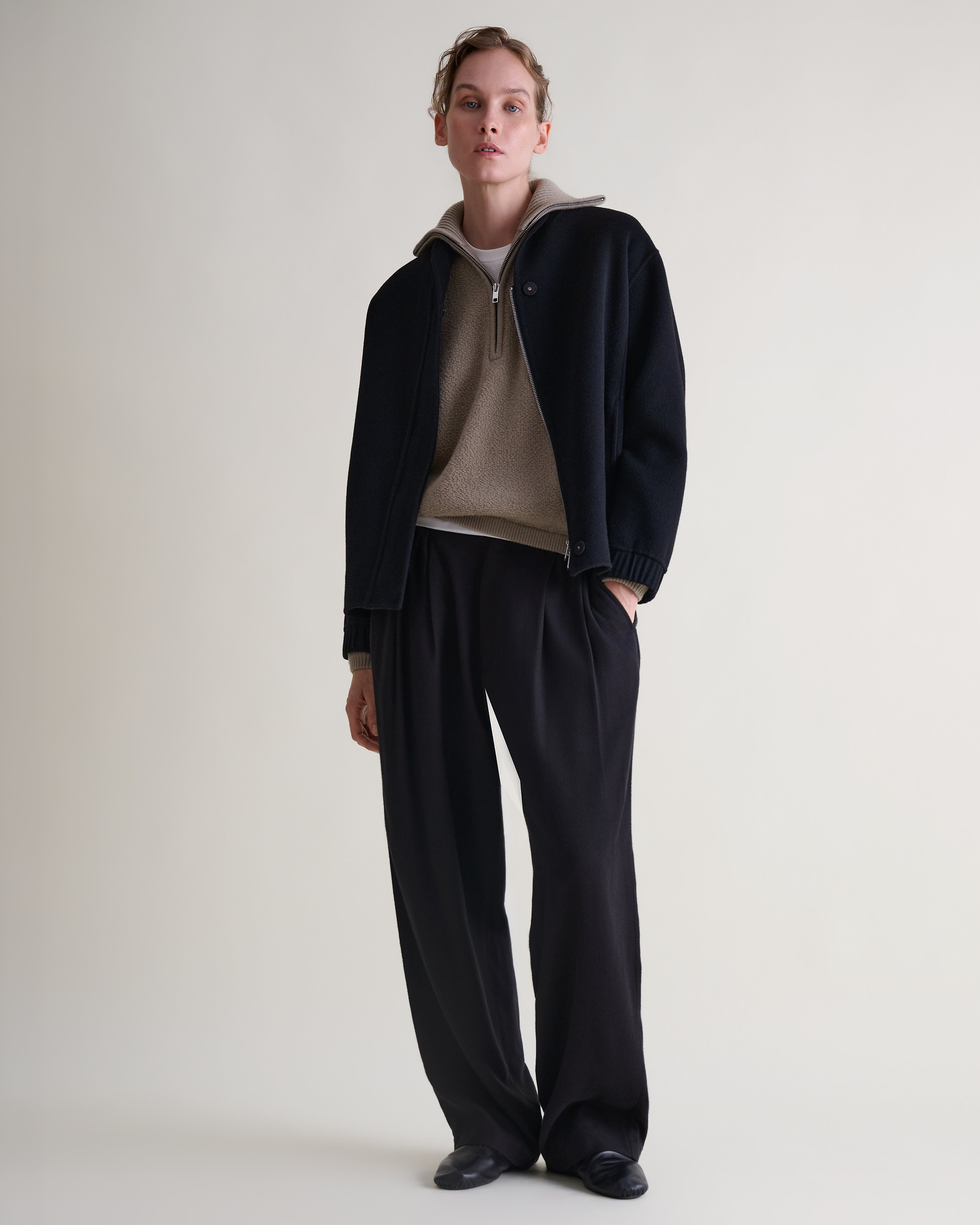 Women's Merino Wool Loop Knit Funnel Neck Jumper - Putty
